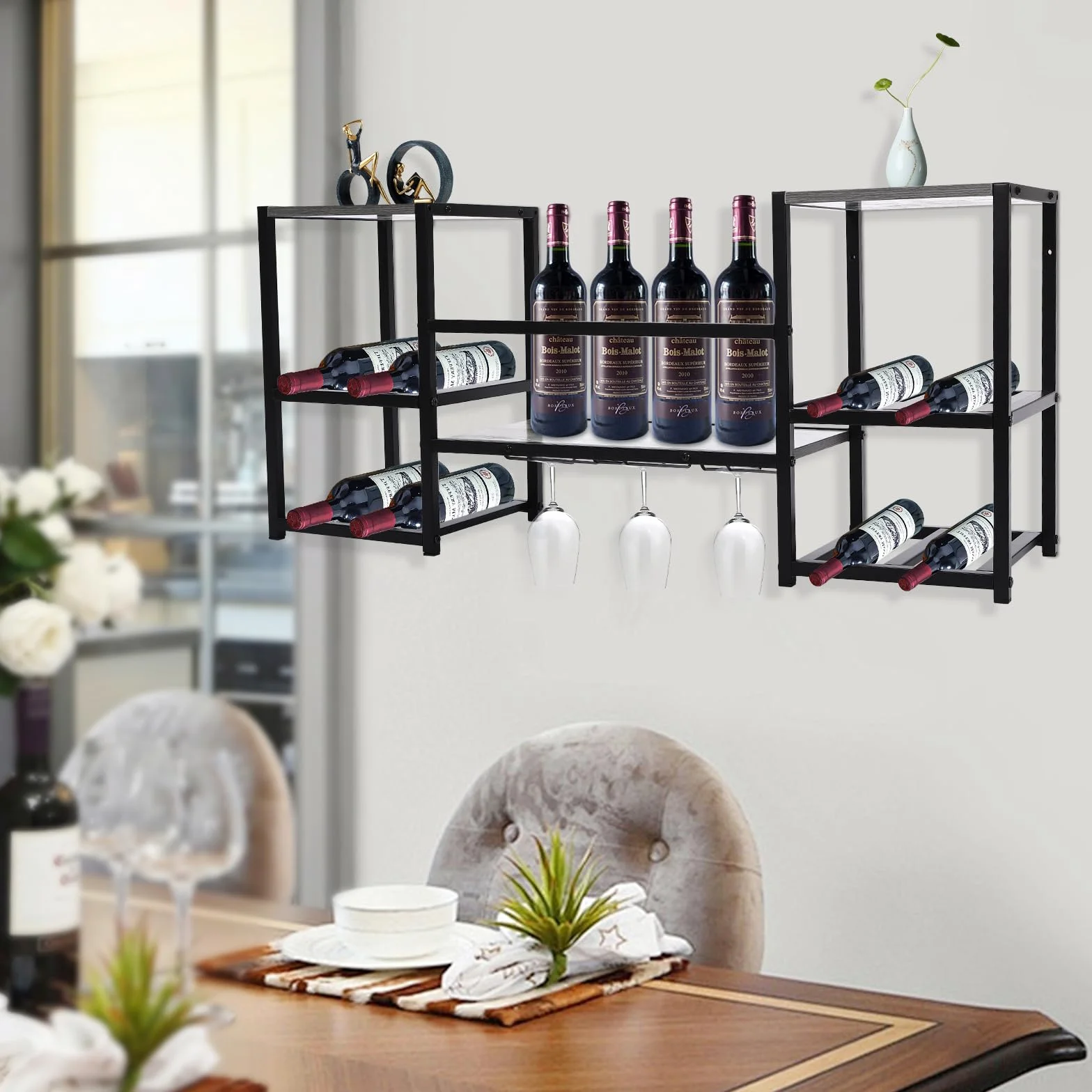 Metalowy regał na wino, ścienny, do baru, na butelki wina, wąski, sufitowy, do zawieszenia na ścianie, 3-poziomowy, do kuchni, salonu, z wieszakiem na ubrania, 86 x 9,8 x 15,7 cm, czarny