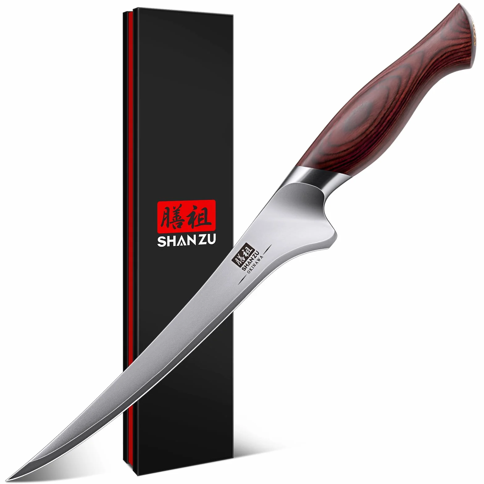 SHAN ZU Filetiermesser 18 cm, Scharfes Ausbeinmesser für Fleisch, Japanischem 10Cr15Mov-Superhartstahl, Profi Küchen-Fischmesser mit Flexibler Klinge und Ergonomischem Pakkaholzgriff- OKINAWA Series