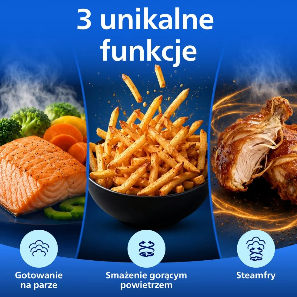 Philips Ovi z parą - Steamfry, Gotowanie na parze i Airfry - 21 sposobów gotowania; Pojemność 7,2 l, Technologia RapidAir, Okienko, Powłoka ceramiczna, Automat. czyszczenie parą (NA540/00)