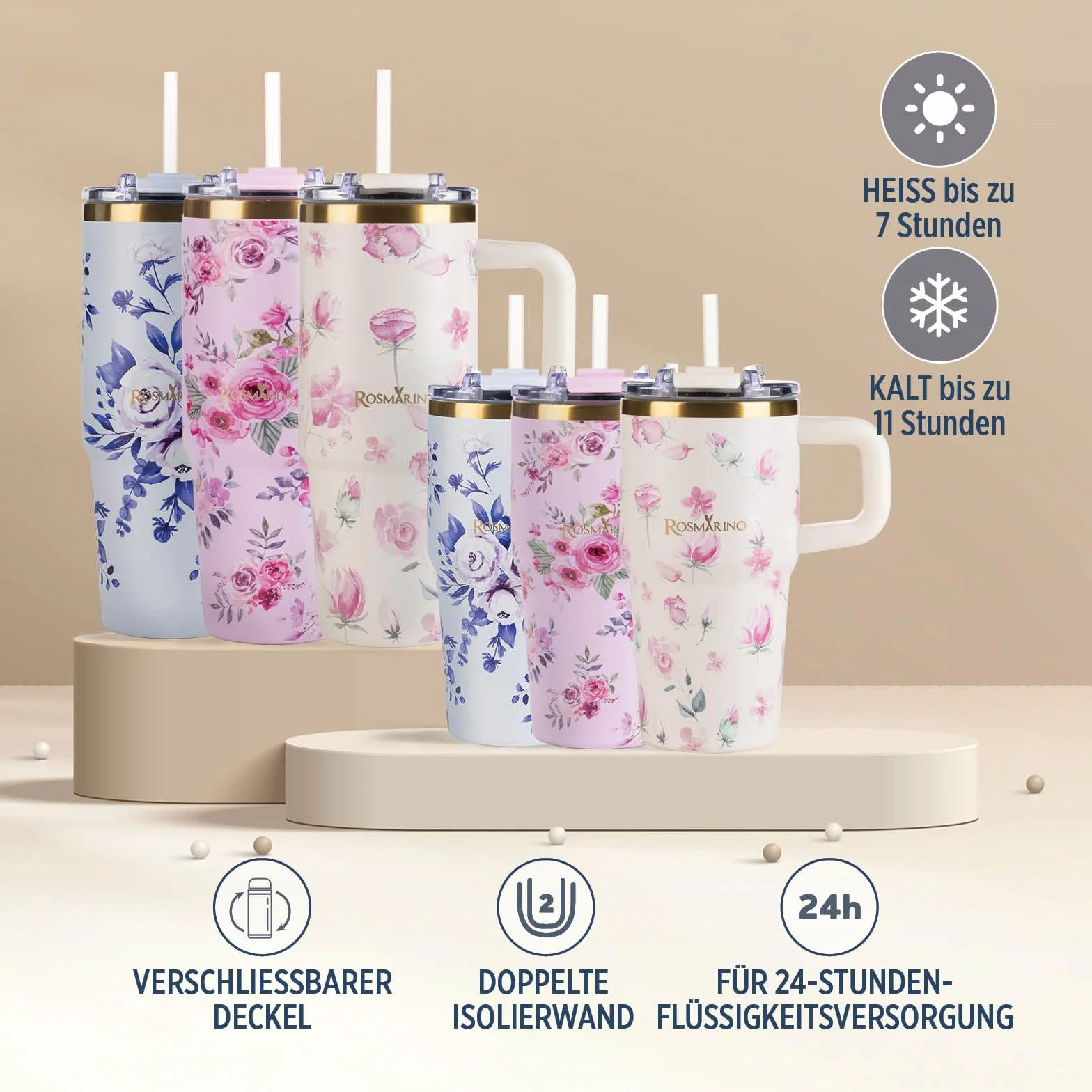ROSMARINO MegaCup Roses 580 ml – kremowy – izolowany próżniowo kubek podróżny ze stali nierdzewnej – szczelny i wielokrotnego użytku – utrzymuje zimno przez 11 h i ciepło przez 7 h – nie zawiera BPA