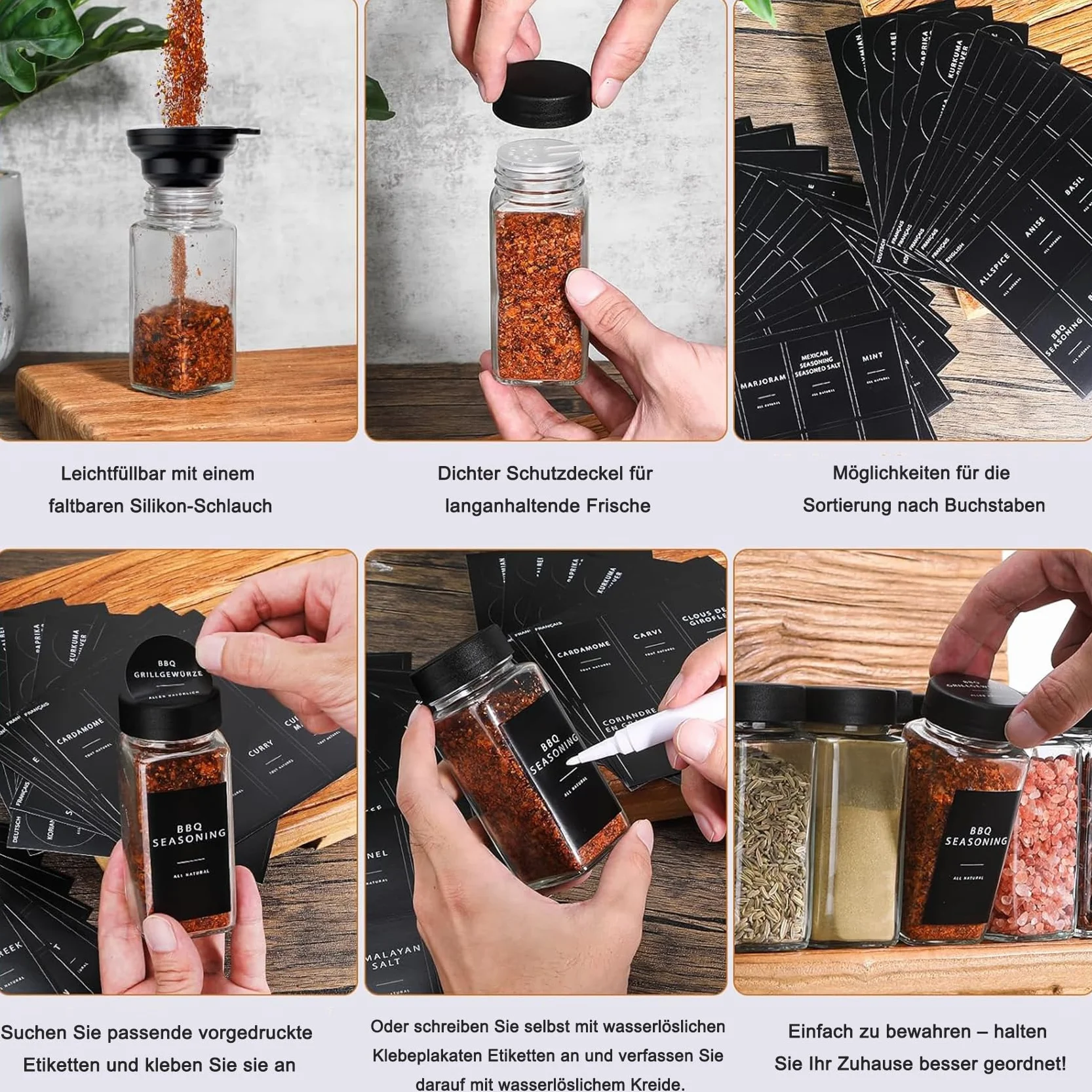 Słoiki na przyprawy z wkładem do posypywania, 24 x 120 ml + 192 wodoodporne etykiety, hermetyczne, prostokątne, szklane pojemniki na przyprawy, zestaw pojemników na przyprawy, puste pojemniki