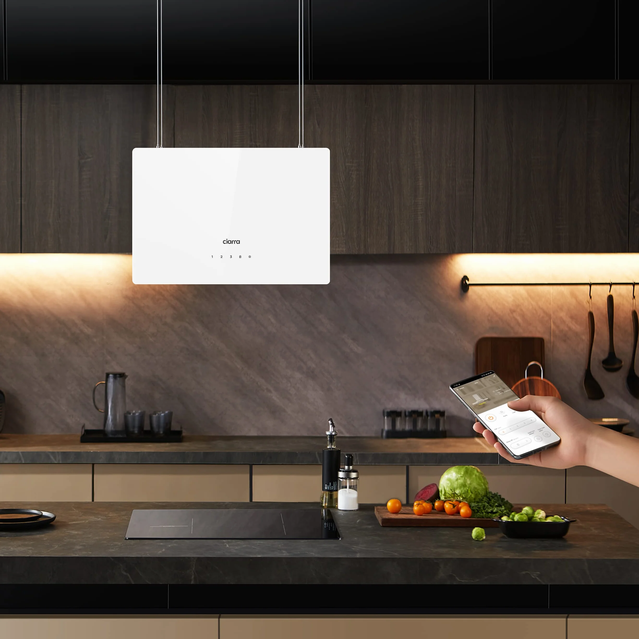 CIARRA CBCS4850 wyspowy okap kominowy klasa A++ 48cm 700m³/h WiFi & Touch Control Filtr węglowy w zestawie 4 prędkości 2 światła LED Biały