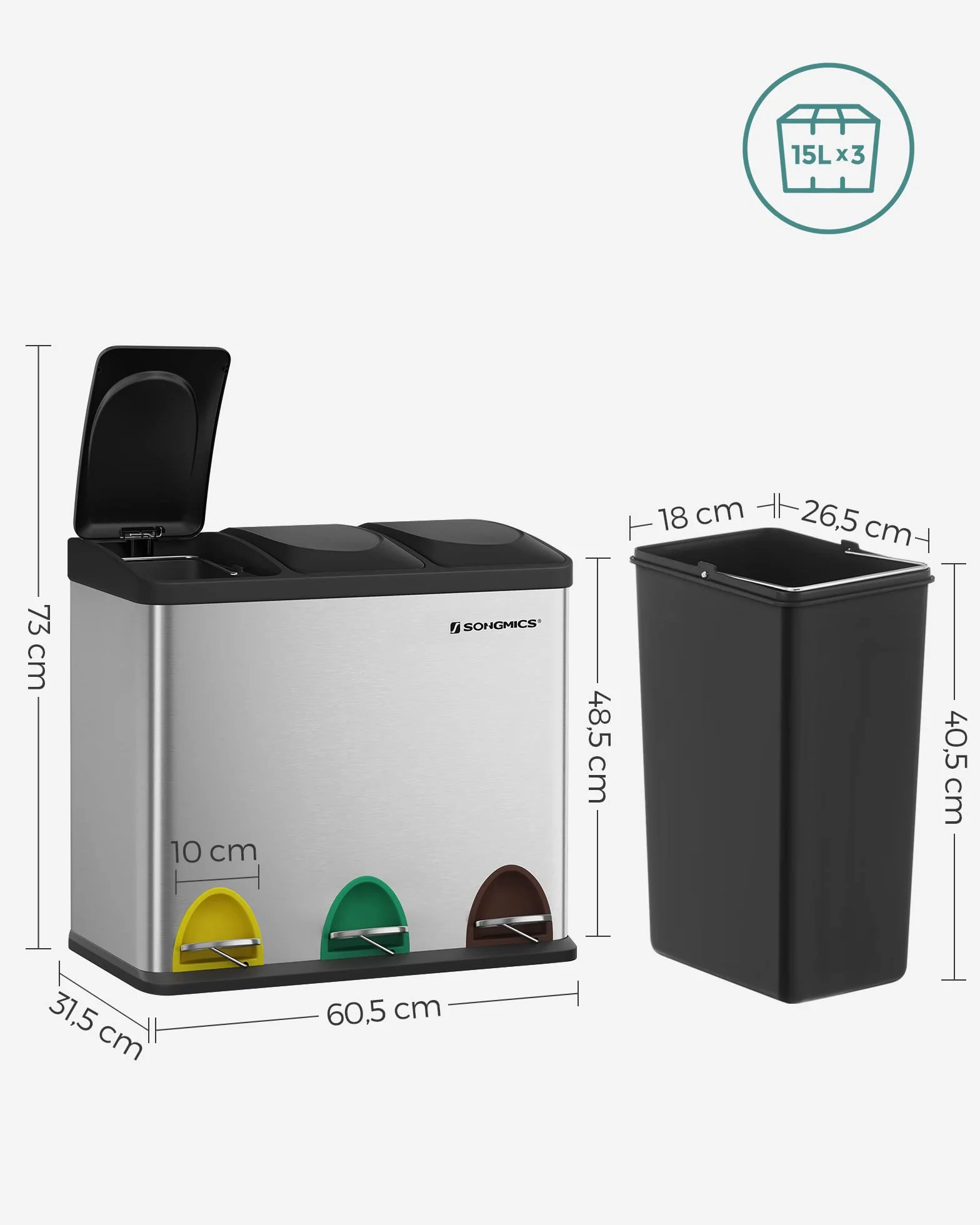 SONGMICS 3-komorowy kosz na śmieci, 45 l, z wewnętrznymi wiaderkami, kosz ze stali nierdzewnej, 3 x 15 l, srebrny i czarny LTB45L