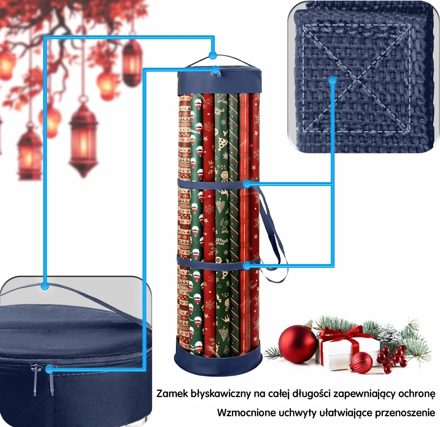 Torba do Przechowywania Papieru Urodzinowego - Cylindryczny Organizer z Zamkiem i Wzmocnionymi Uchwytami - Mieści 18-25 Rolek - Odporna na Rozdarcia Pokrowiec na Papier - od Mobi Lock