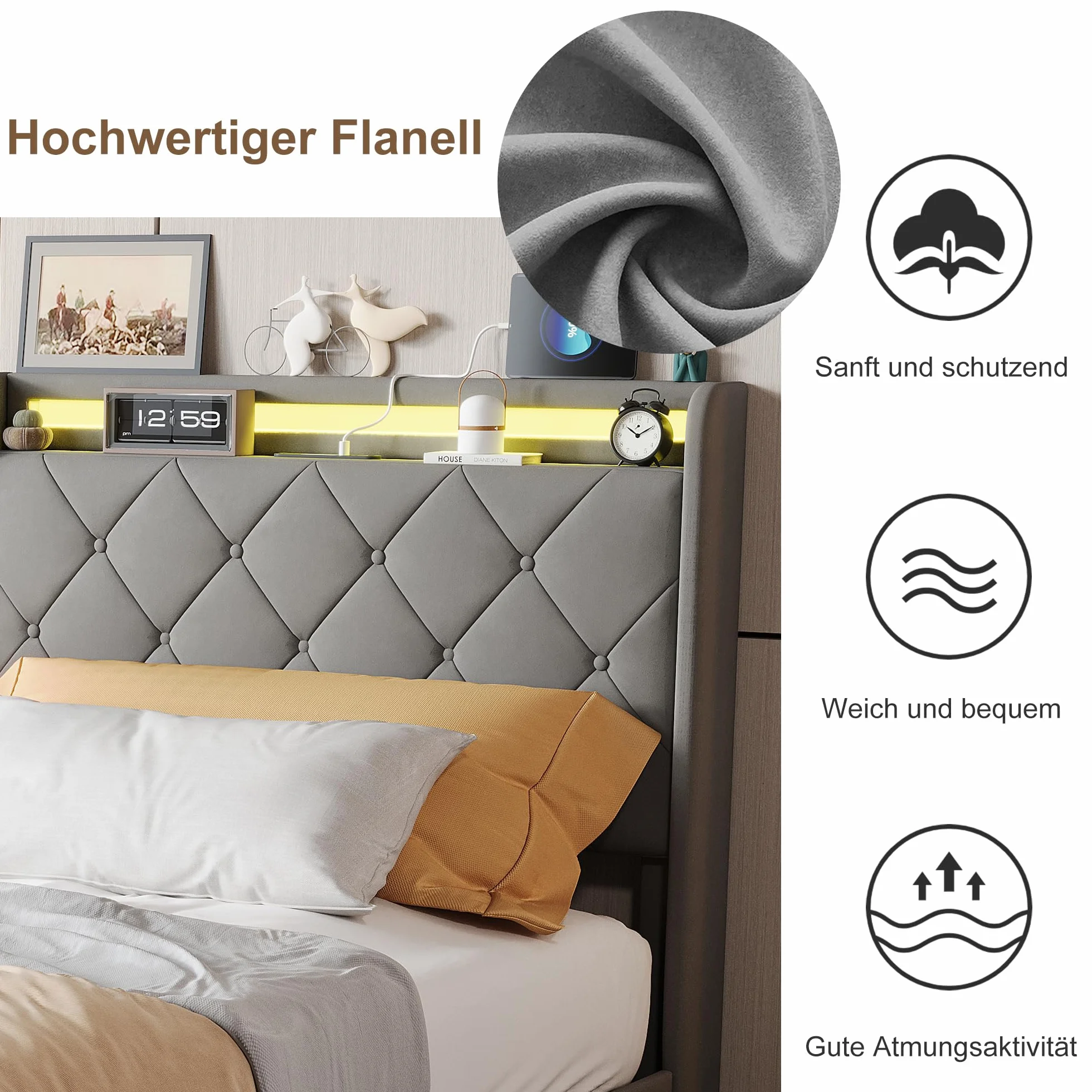 Łóżko tapicerowane 90 x 200 cm z diodami LED i funkcją ładowania USB, łóżko młodzieżowe z 4 szufladami do przechowywania, pojedyncze łóżko ze stelażem i miejscem do przechowywania, bez