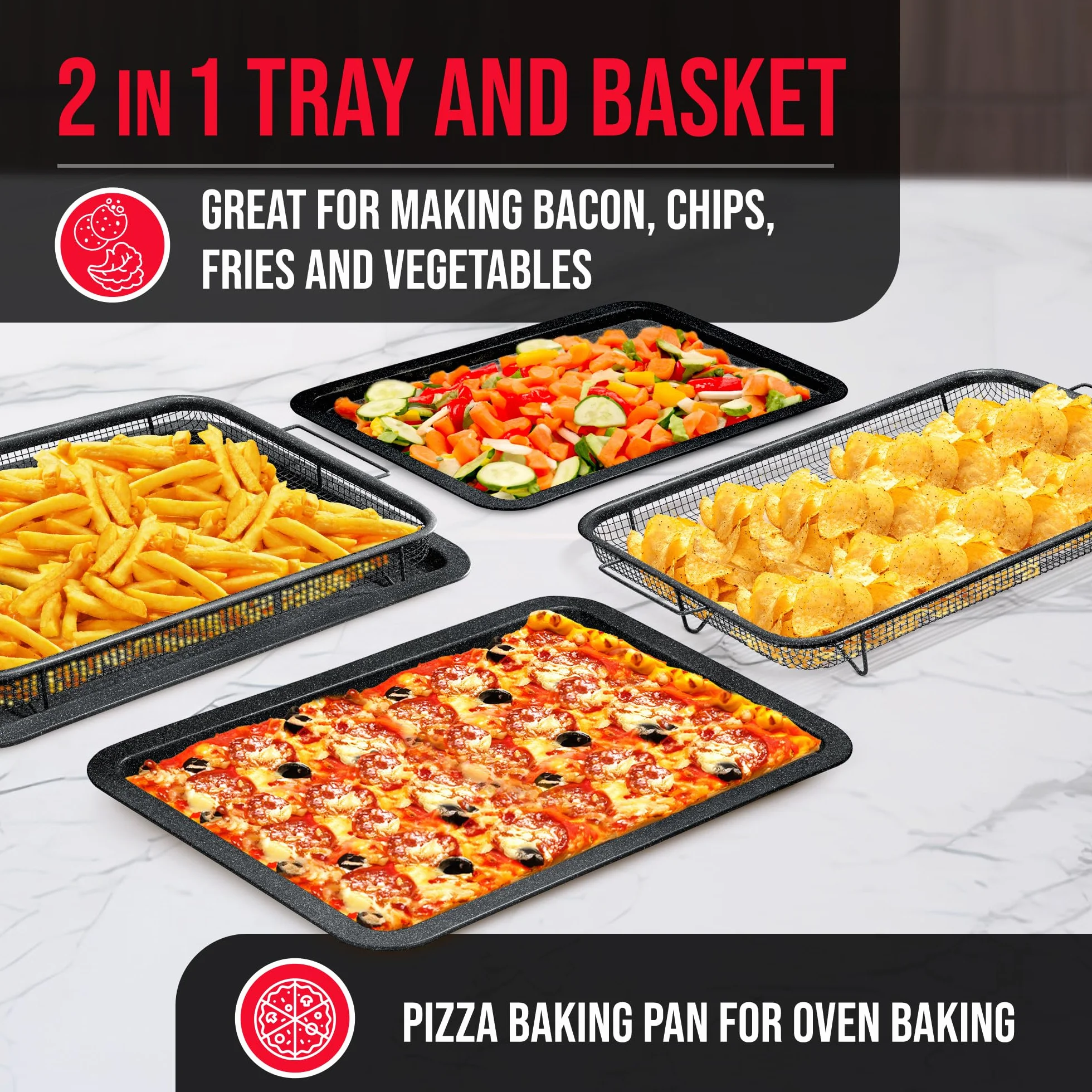 Bakken Swiss Crisper Tray – 2-częściowy zestaw – szary marmur, nieprzywierający kosz dla zdrowszego gotowania w zwykłych piekarnikach – uzyskaj idealnie chrupiące chipsy, bekon i nie tylko