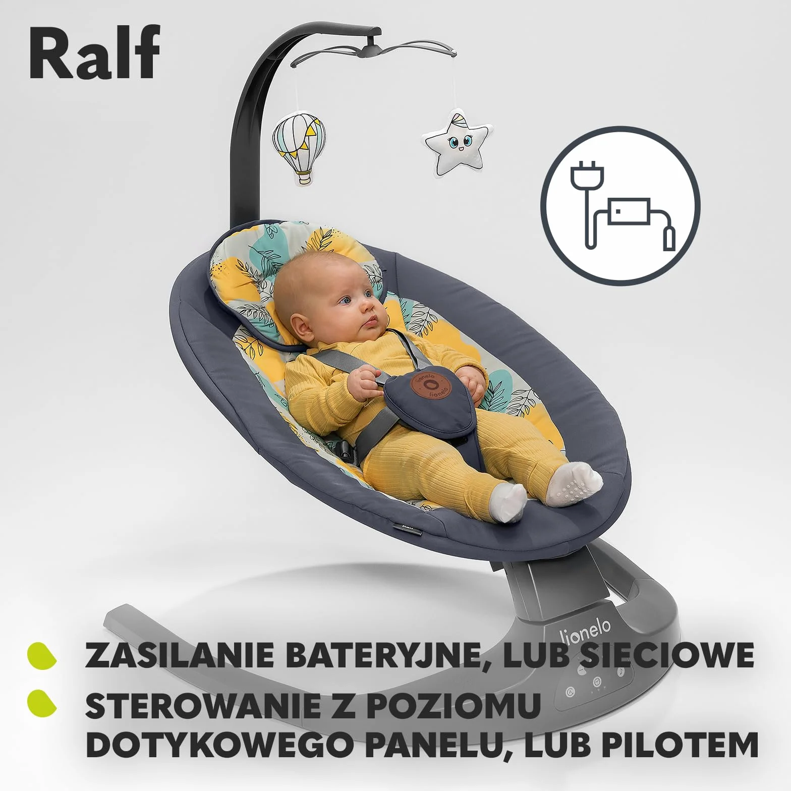 LIONELO Ralf 2w1 bujaczek i leżak dla dzieci, pilot, 12 melodii, dwa kierunki bujania, 5 prędkości bujania, blokada, regulacja oparcia, timer, cicha praca (Szary)