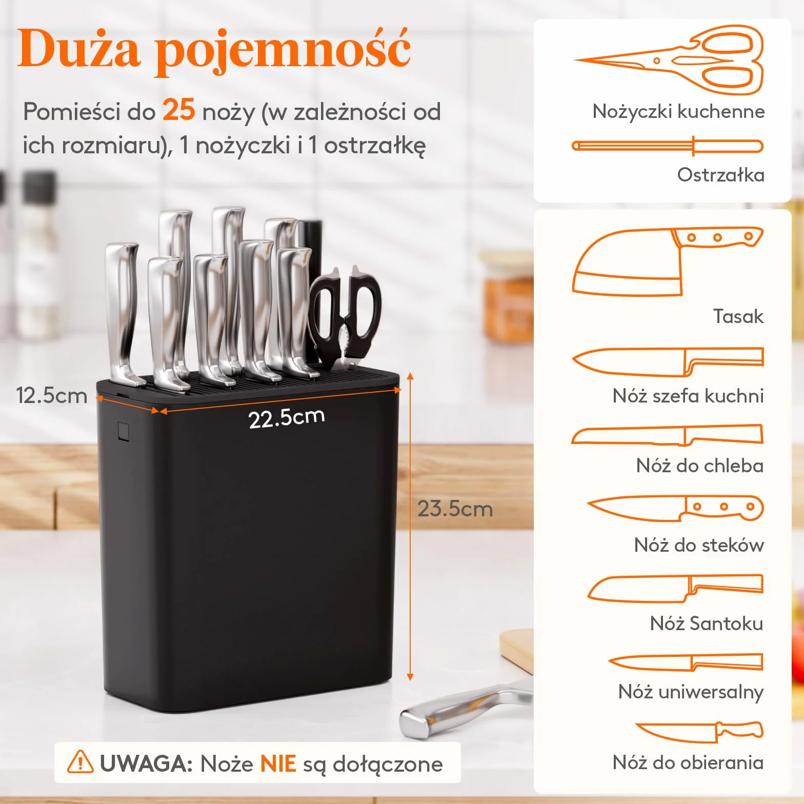 Lifewit Blok na noże bez noża, uchwyt na 25 noży z otworem na nożyczki i ostrzałkę do noży, stojak na noże z tworzywa sztucznego z otworami odpływowymi i antypoślizgowymi nóżkami do blatu kuchennego