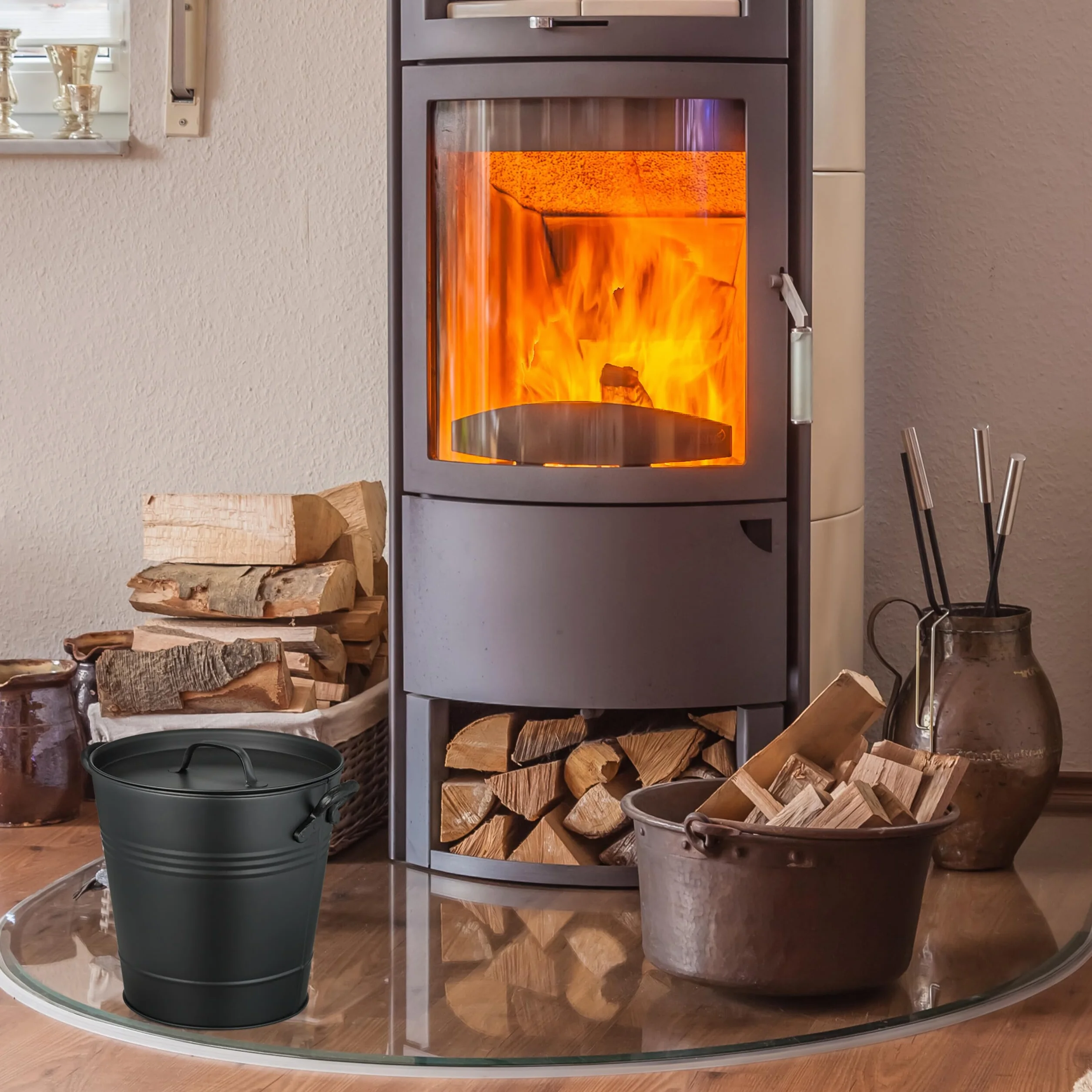 Relaxdays Pojemnik na popiół z pokrywką, 19 litrów, okrągły pojemnik na popiół z uchwytami, na węgiel i popiół, kominek, piec, grill, czarny