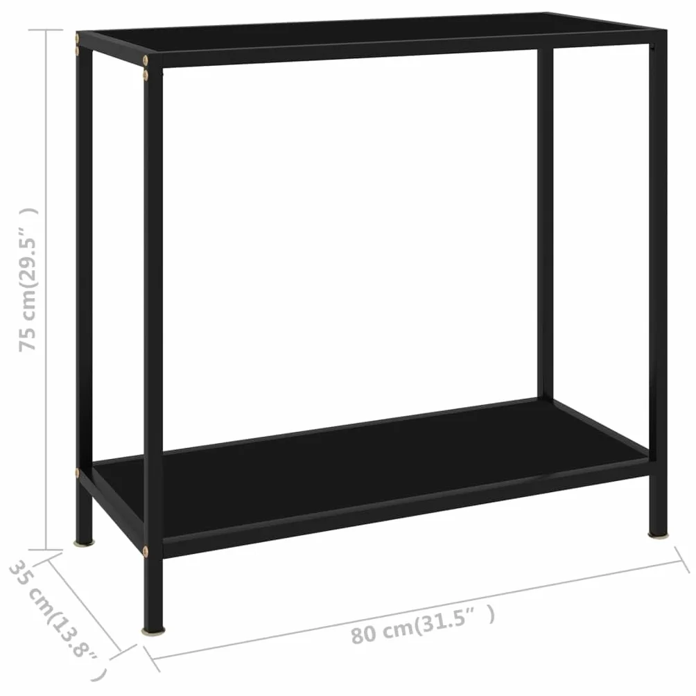Stolik konsolowy czarny 80 x 35 x 75 cm, stolik pomocniczy ze szkła hartowanego z półką, wytrzymała rama ze stali malowanej proszkowo, stylowa konsola do salonu zapewnia dodatkowe miejsce do