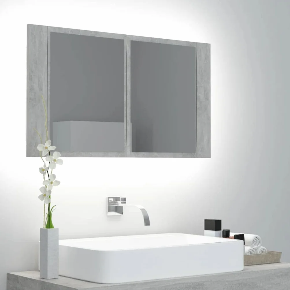 Szafka łazienkowa z lustrem LED, betonowa, szara, 80 x 12 x 45 cm, akryl, szafki i przechowywanie, szafki toaletkowe, szafki łazienkowe