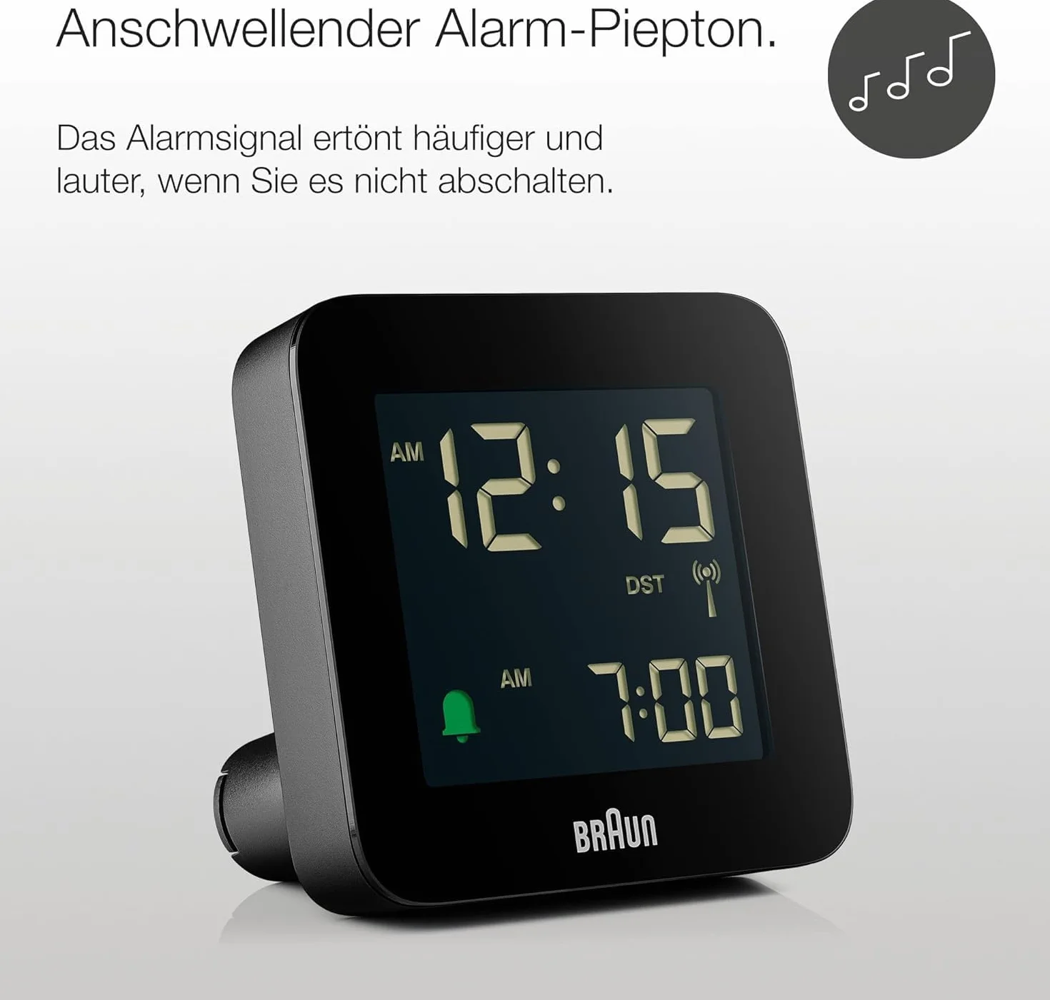 Braun Cyfrowy budzik, funkcja drzemki, ujemny wyświetlacz LCD, funkcja szybkiego ustawiania, alarm Crescendo, czarny, model BC09-DCF