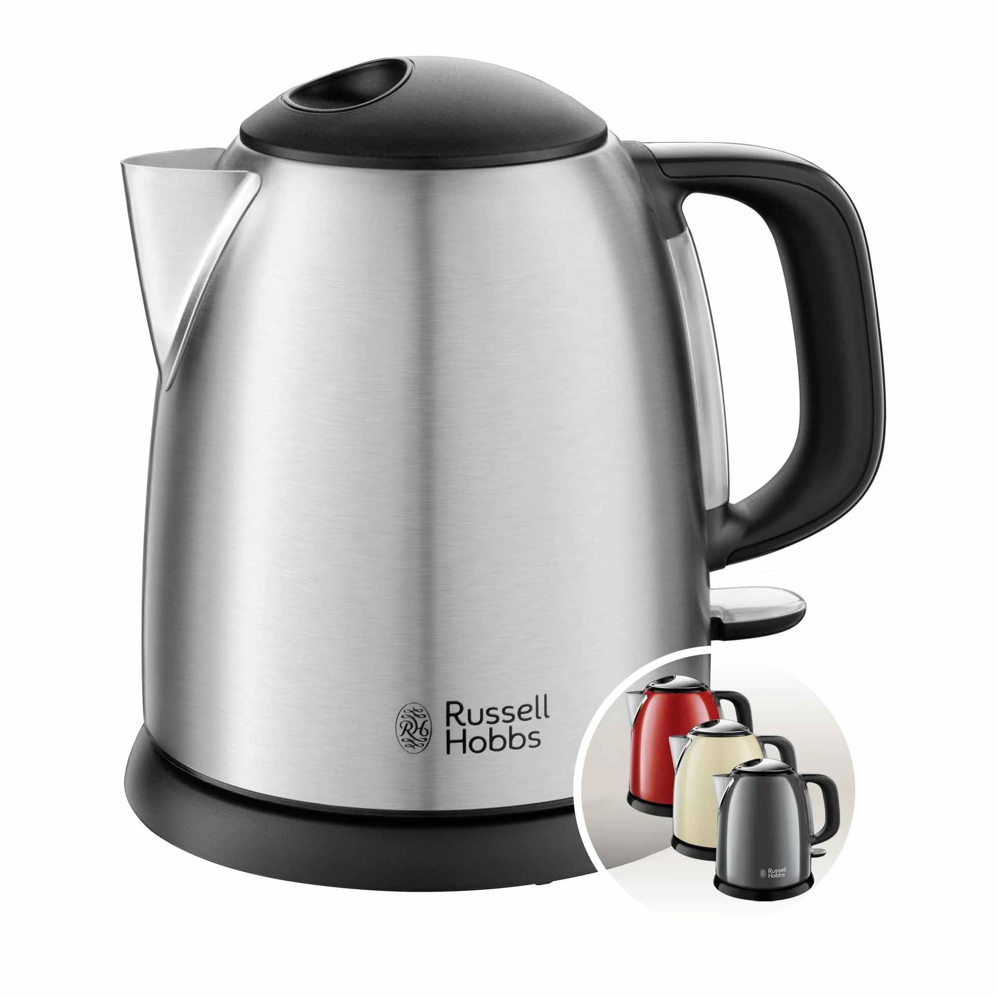 Russell Hobbs czajnik elektryczny, wymienny filtr antywapienny, kontroler strix, strefy szybkiego gotowania, mały czajnik podróżny, pojemność 1l, moc 2400W, czarny, Adventure 24991-70