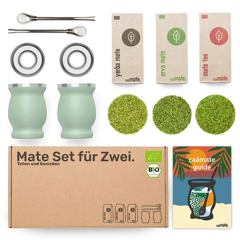 caámate. Mate zestaw do herbaty Bio ● 3 rodzaje matesów + 2 kubki do maty ze stali nierdzewnej o podwójnych ściankach + 2 kubki bombilla + instrukcja przygotowania (zielony)