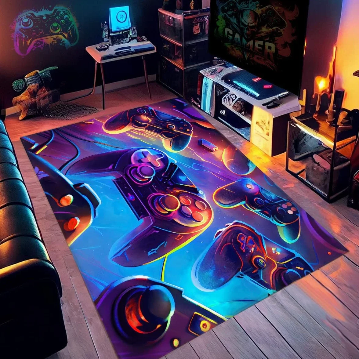 Dywan do sypialni dla nastolatków, dywan dla graczy, dekoracja dla chłopców, nowoczesny salon, antypoślizgowy dywan 3D, olśniewający neonowy, graffiti, konsola do gier, miękkie dywany