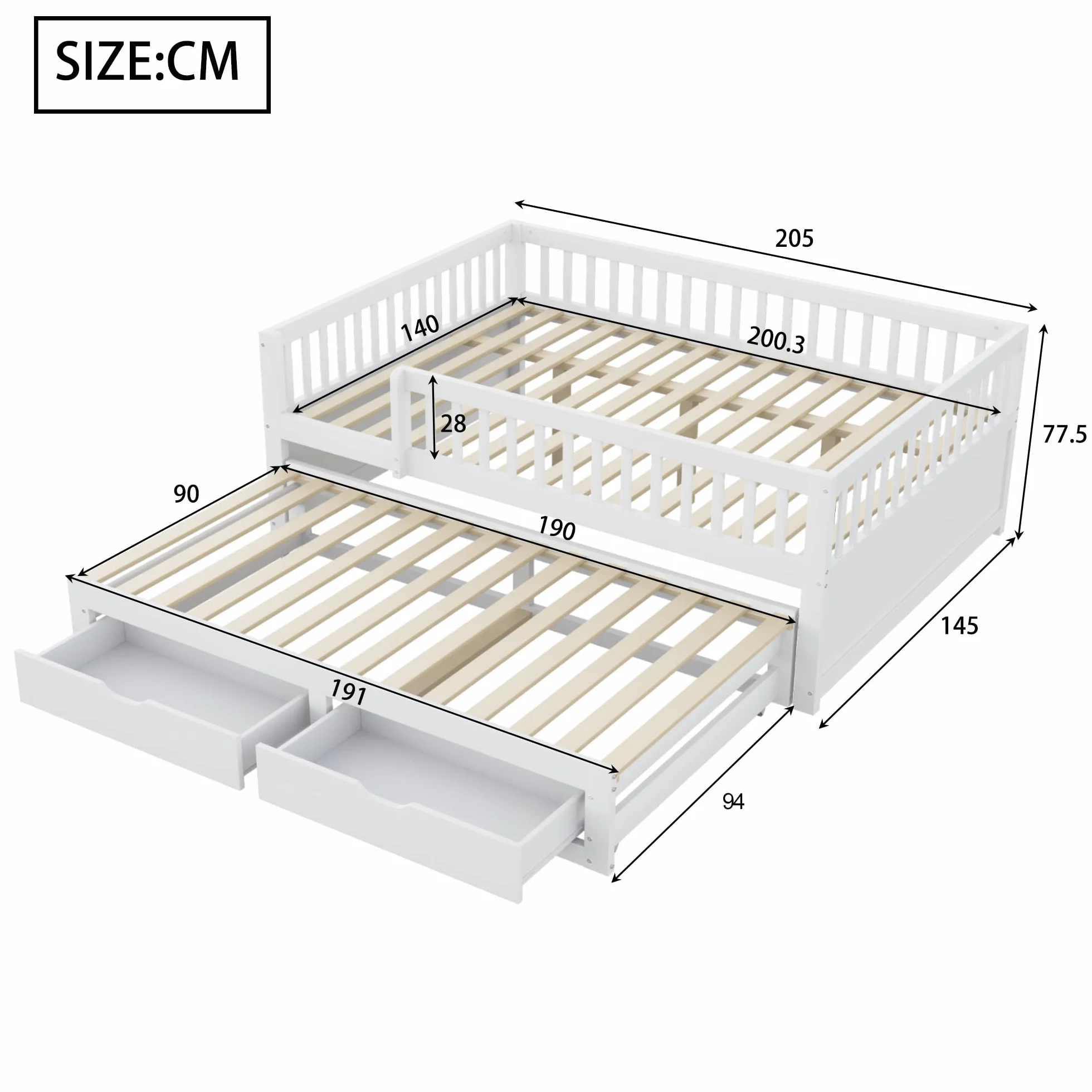 Sofa do spania z litego drewna 140 x 200 cm, w pełni wyściełana kratka bezpieczeństwa, wysuwane łóżko z 2 szufladami pod spodem, ze stelażem, łóżko dziecięce, łóżko młodzieżowe, łóżko dla gości