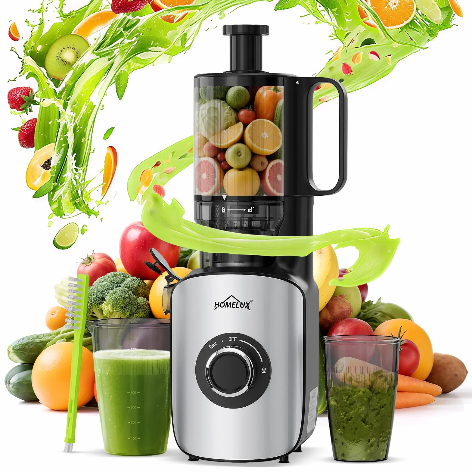 HOMELUX Sokowirówka 220 W Slow Juicer, 126 mm, otwór wlotowy do całych warzyw i owoców, elektryczna wyciskarka z 2 filiżankami, szczotka do czyszczenia, nie zawiera BPA, łatwa do czyszczenia, srebrna