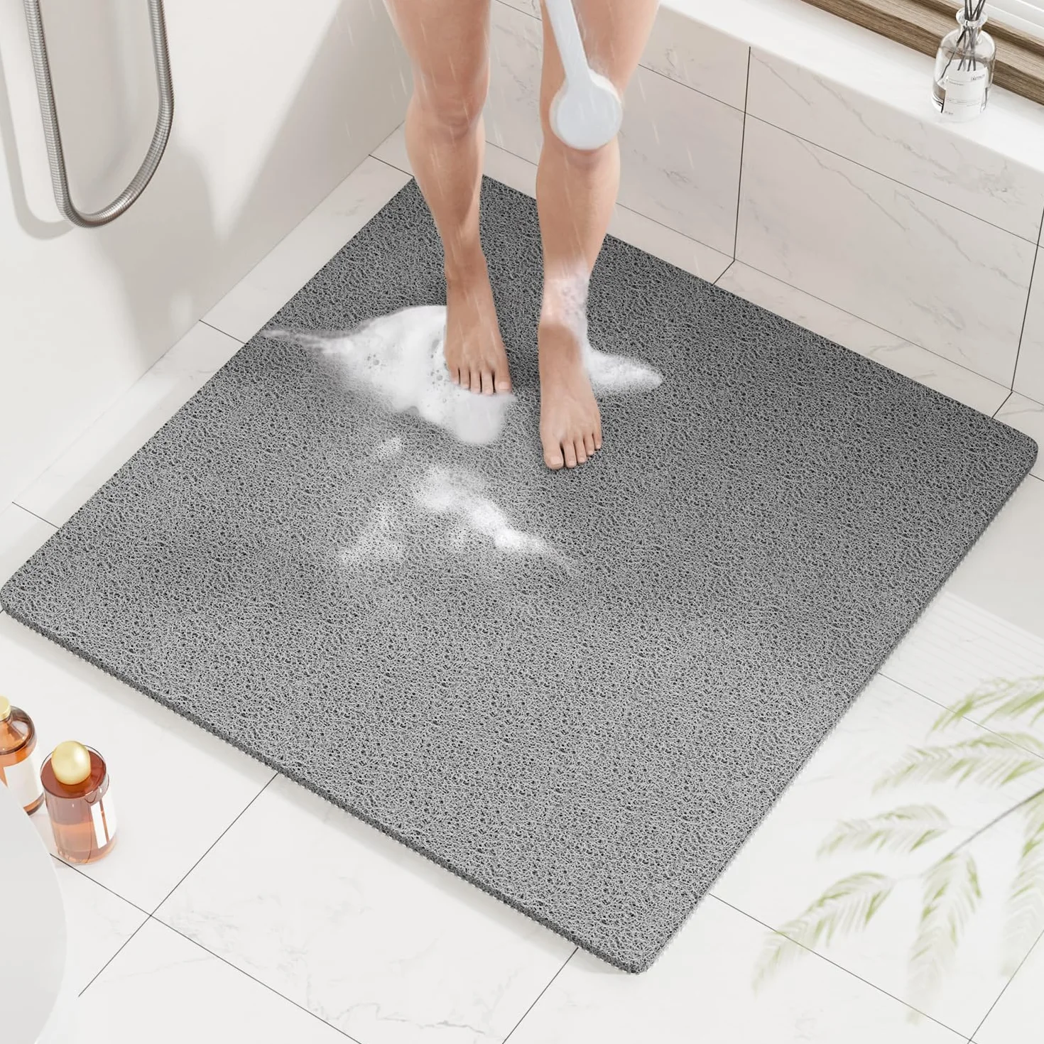 HITSLAM Mata prysznicowa antypoślizgowa, 78 x 78 cm, antypoślizgowa mata łazienkowa z odpływem, miękka mata prysznicowa z PVC Loofah do wanny, szybkoschnąca mata prysznicowa do łazienki, szara