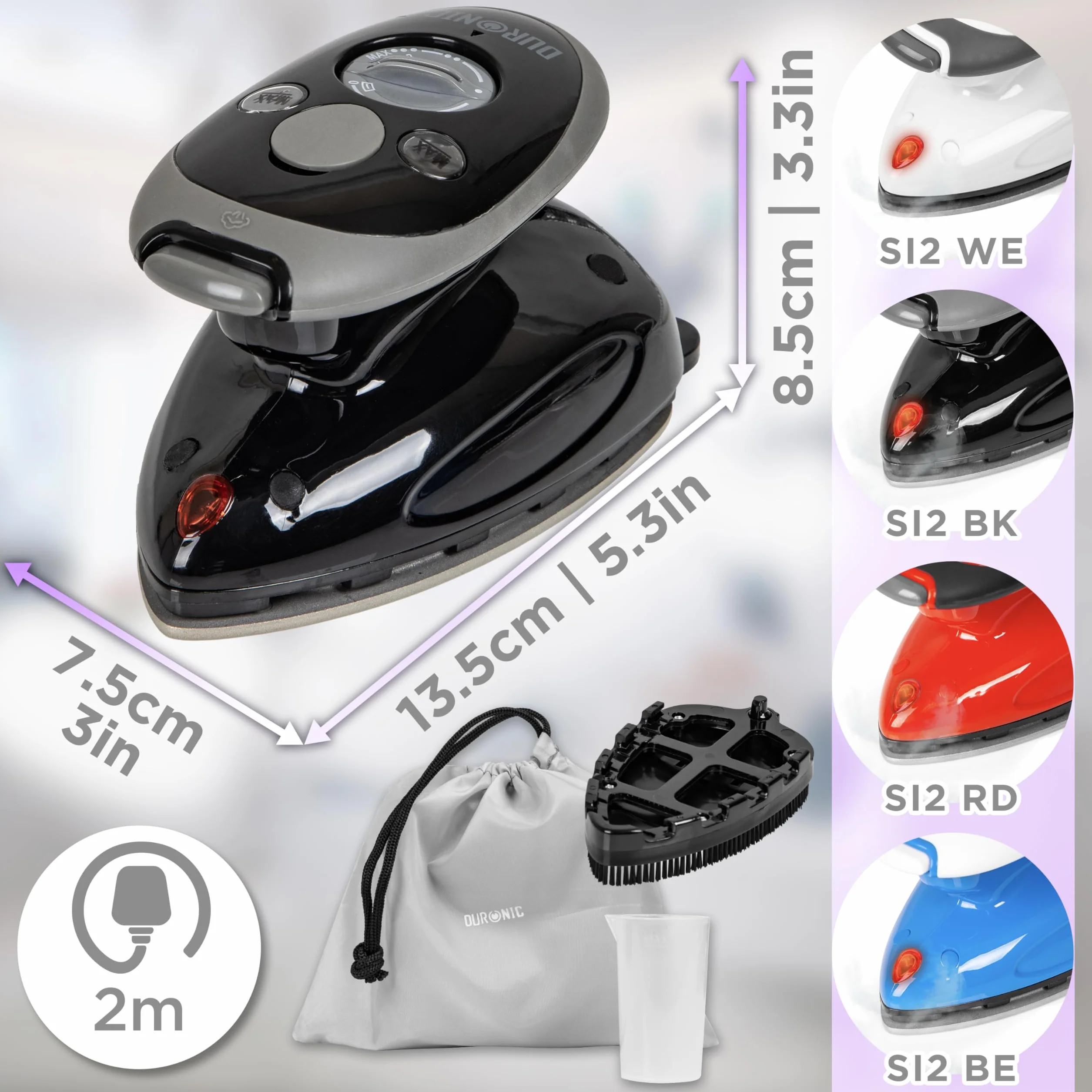 Duronic SI2 BK Żelazko podróżne 375W czarne | Pokrowiec i pojemnikna wodę 50ml | funkcja pary | turystyczne mini żelazko na wyjazdy | nieprzywierająca stopka | dla rawo - i leworęcznych | decoupage