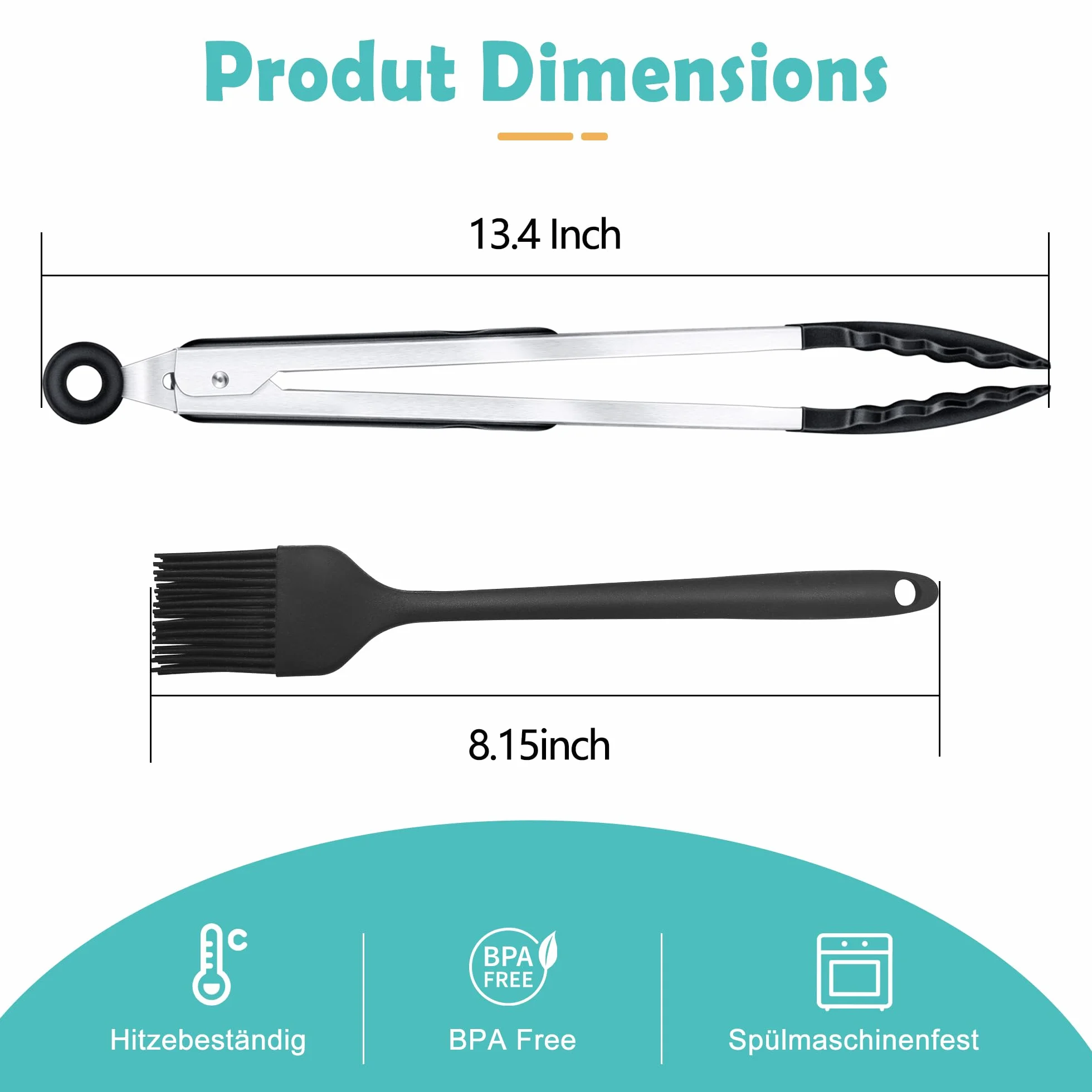 Profesjonalne szczypce kuchenne, 35 cm, szczypce do grilla ze stali nierdzewnej i silikonu spożywczego, w zestawie szczotka, szczypce kuchenne odporne na wysokie temperatury