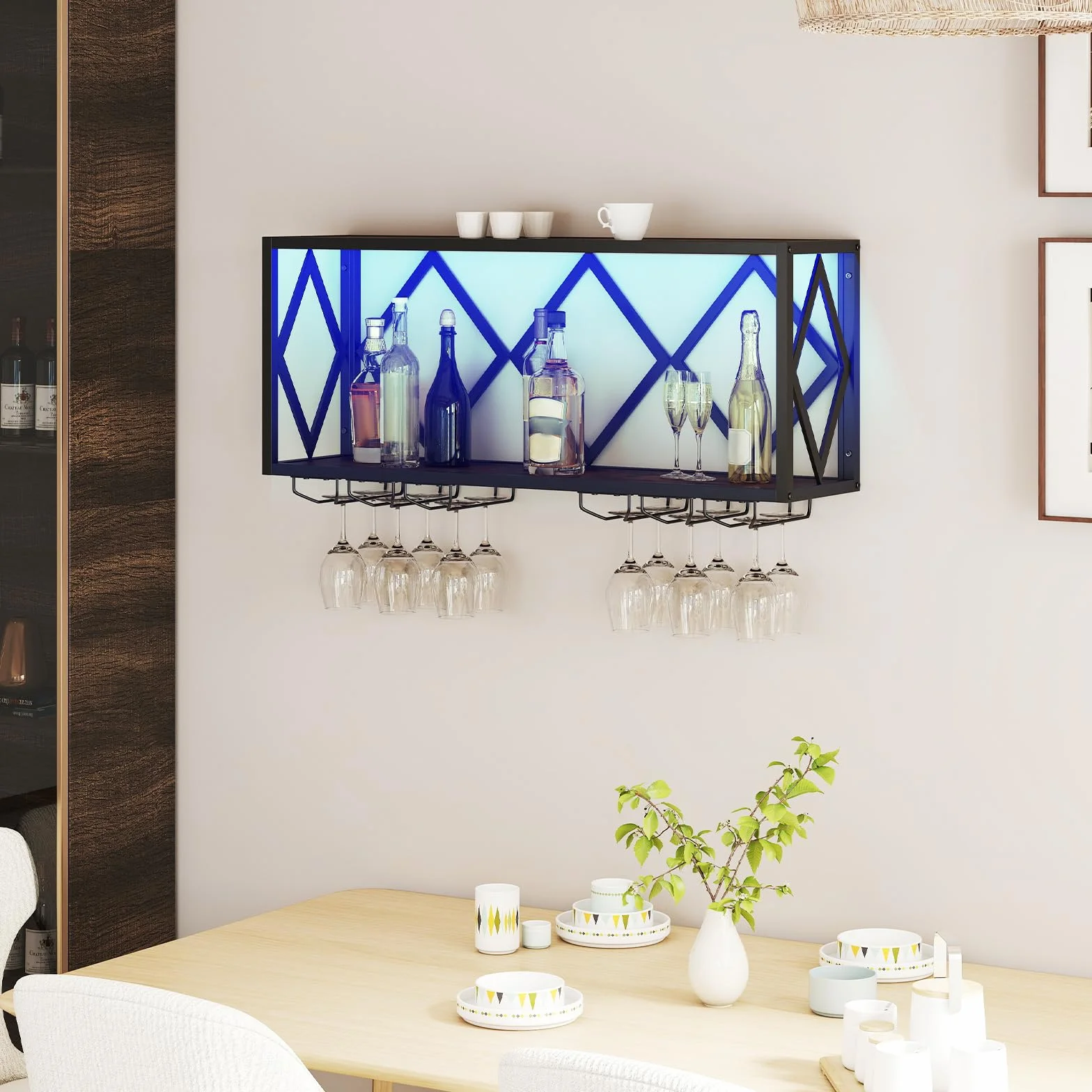 COSTWAY Regał na wino ścienny z oświetleniem LED, 2-poziomowy regał na butelki drewniany z metalowym rama, z 6 rzędami uchwytów na kieliszki do wina, design industrialny, idealny do domu, baru, kuchni