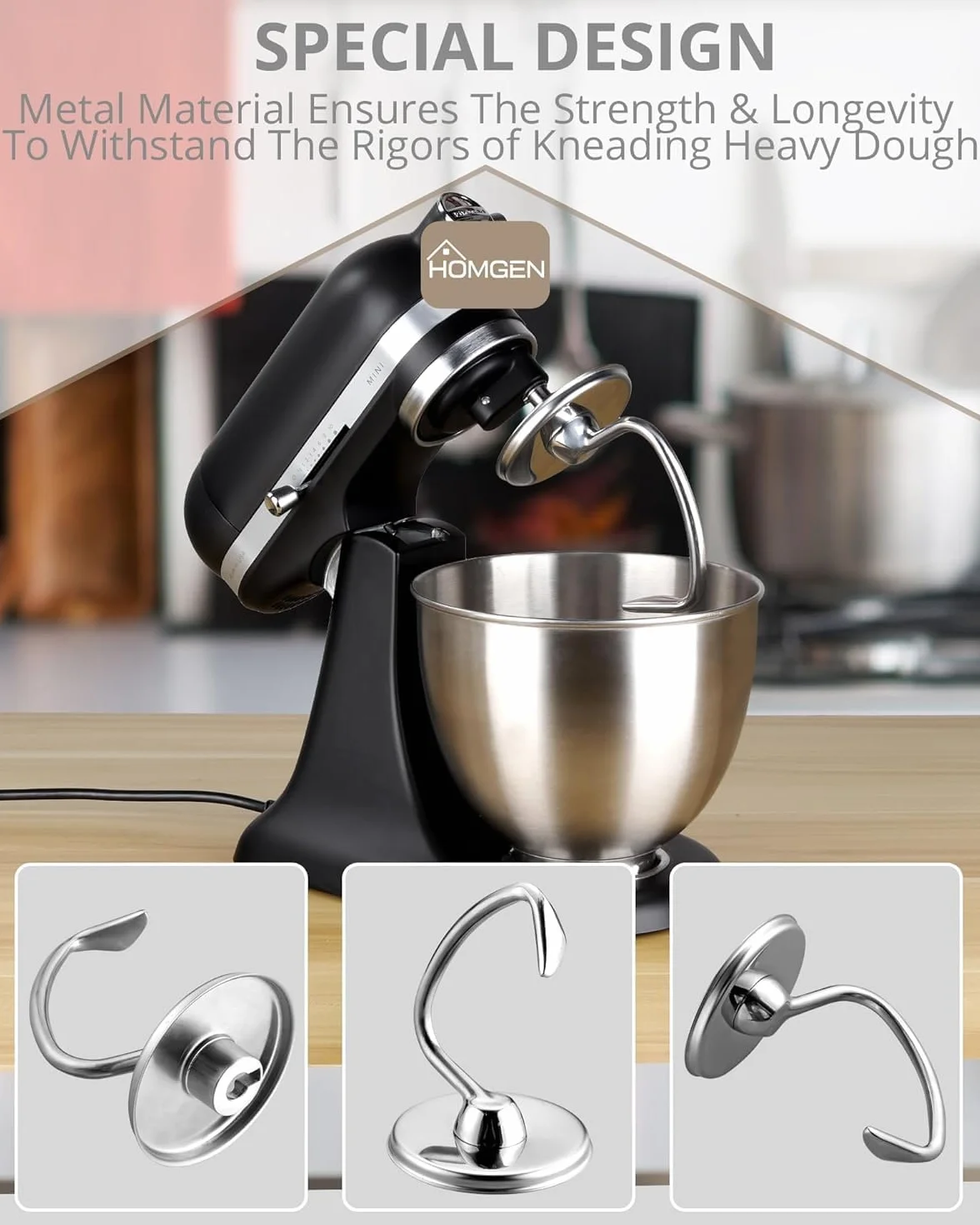 HOMGEN 304 stal nierdzewna Końcówka do zagniatania ciasta do miksera Kitchenaid Pasuje do 4.5-5Qt Akcesoria do miksera Kitchenaid Końcówka do ciasta w kształcie spirali Akcesoria do miksera stojącego