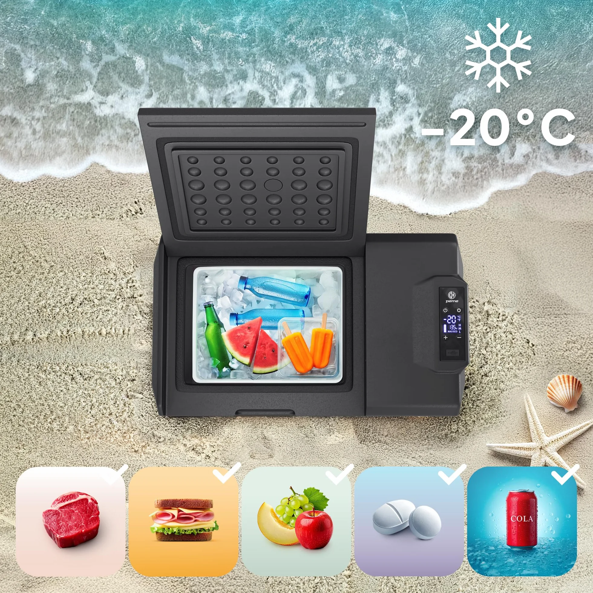 peme Expedition Elektryczna Lodówka Kompresorowa 27-39 L - Chłodziarka i Zamrażarka, Chłodzenie -20°C, Podwójne Zasilanie 12V/24V & 230V, Aplikacja Bluetooth, Tryb Eco, do Samochodu, Kempingu