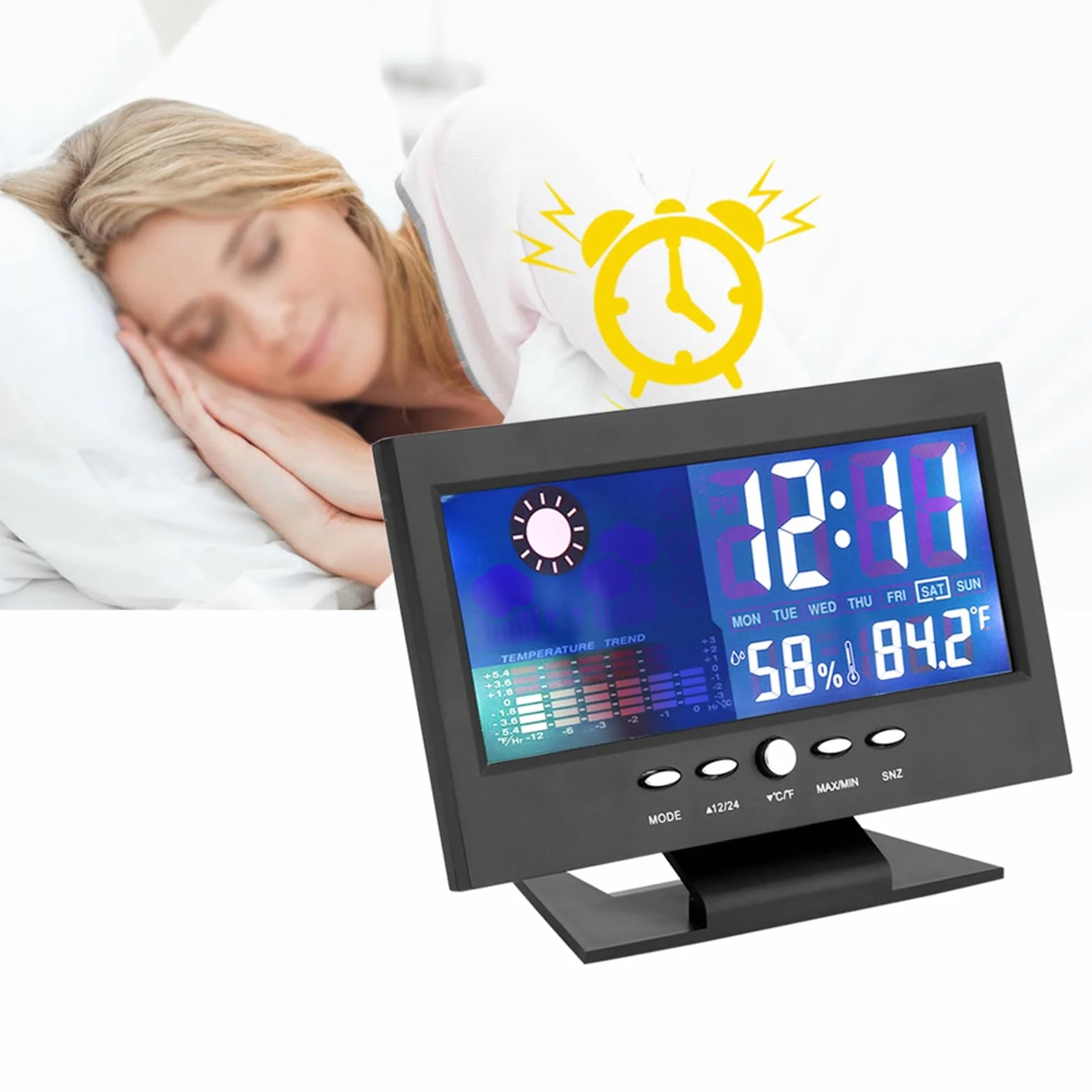 Cyfrowy zegar temperatury, alarm wilgotności, prognoza pogody na poziomie komfortu
