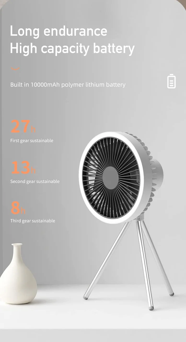 Wentylator namiotowy ze statywem, wentylator biurkowy ze światłem, 18 x 18 cm, 560 g, 10000 mAh, czas pracy 27 h (biały)