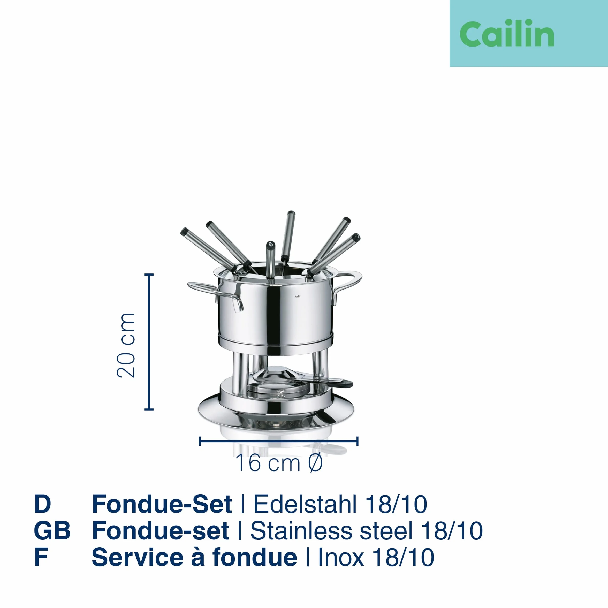 kela Zestaw fondue do mięsa, 10 szt., fondue ze stali nierdzewnej dla 6 osób Cailin, zestaw do fondue z uchwytem na pastę paliwową, widelce, uchwyt na widelec