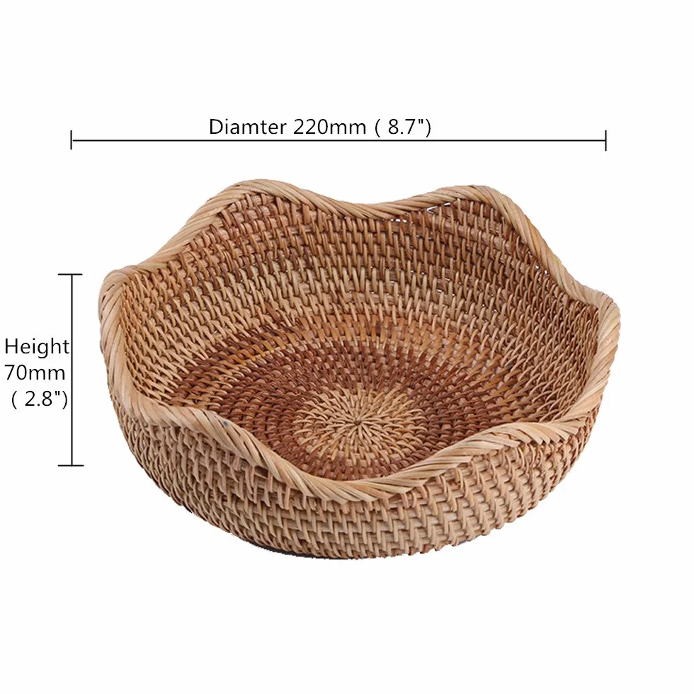 Ręcznie wykonany rattanowy okrągły kosz na owoce, miski do przechowywania żywności, organizer do kuchni, miska do serwowania przekąsek (mały 22 cm)