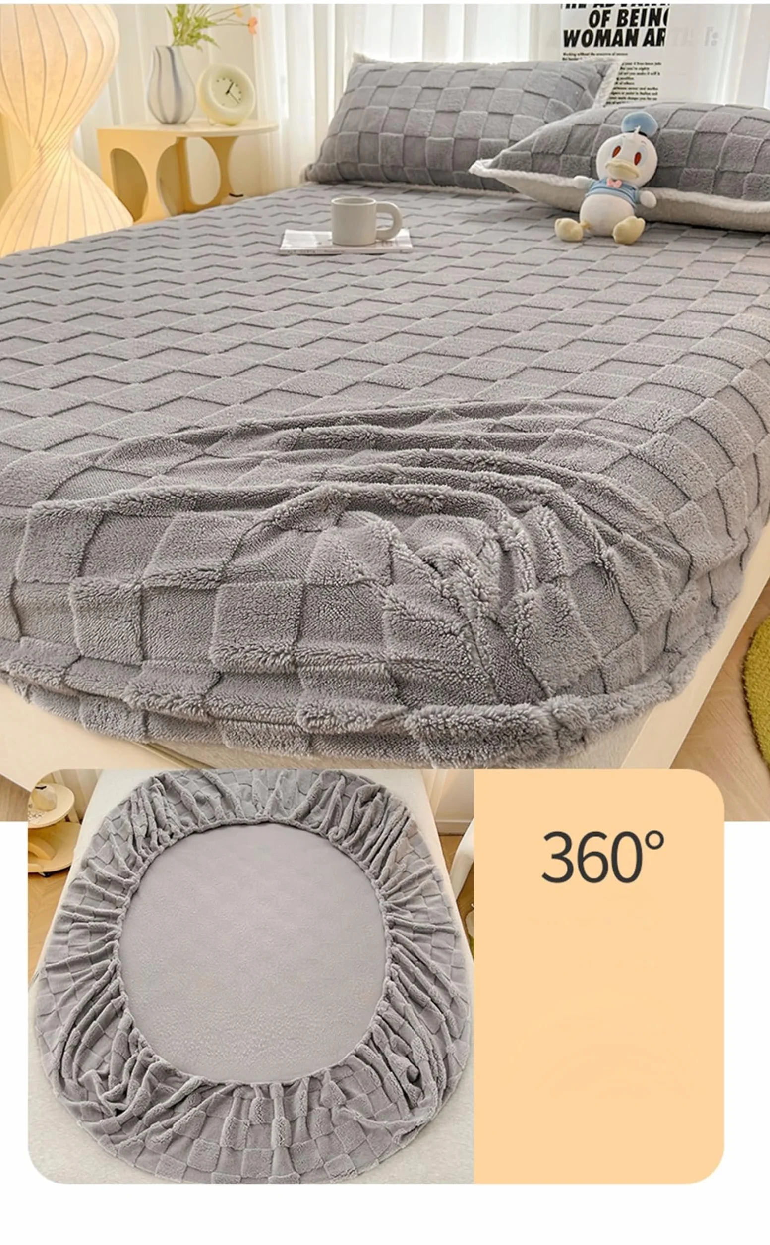 Prześcieradło z gumką 200 x 220 cm, zestaw 2 poszewek na poduszki, nadaje się do prania, wzór 3D, odporne na zmarszczki, blaknięcie, aksamitne prześcieradło z gumką, szare, na wszystkie pory
