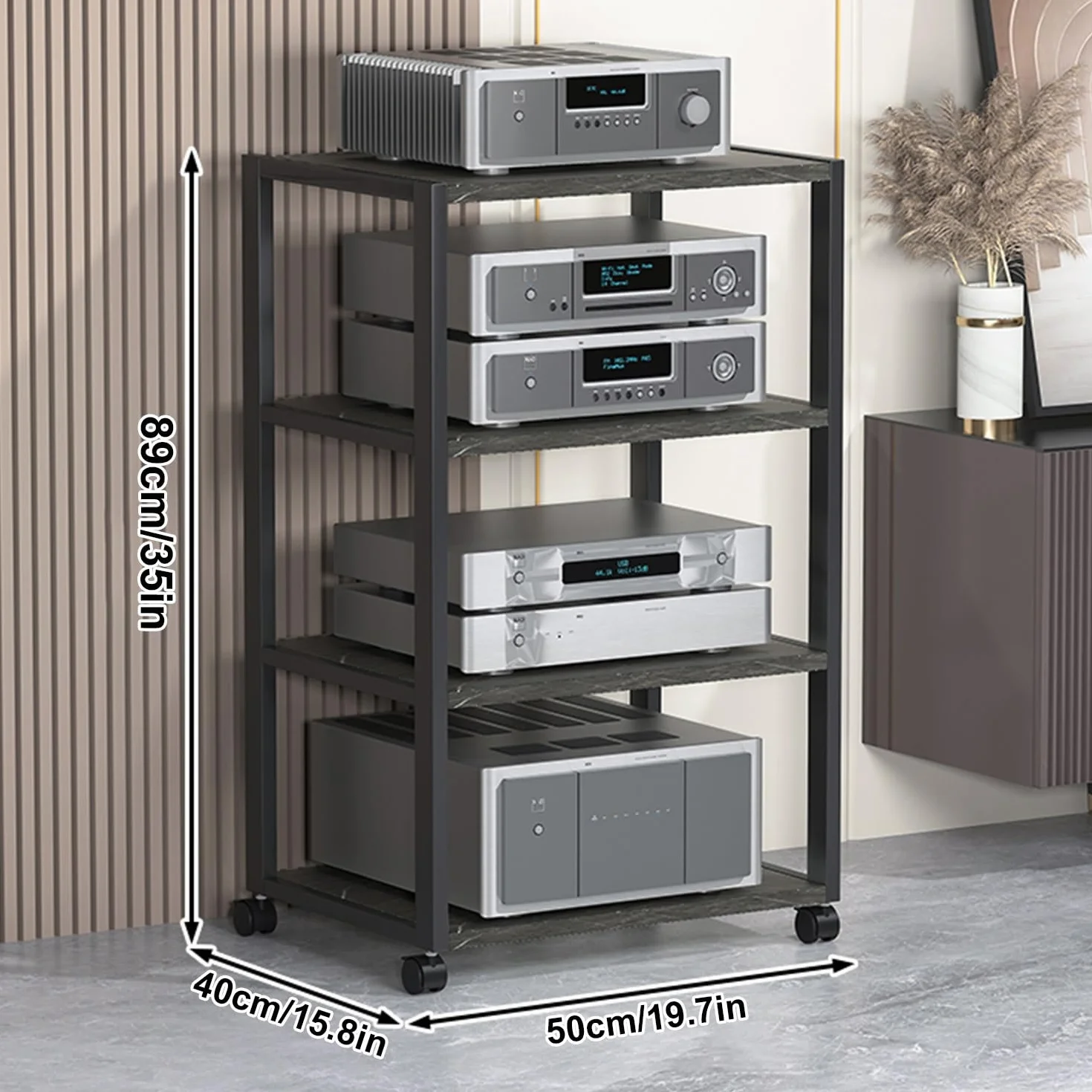 Stojak na odtwarzacz płyt - ciemnoczarna wieża audio, do szafki multimedialnej stereo, do przechowywania płyt CD/DVD, ruchome meble do salonu, studia gier i nagrań, 50 x 40 x 89 cm
