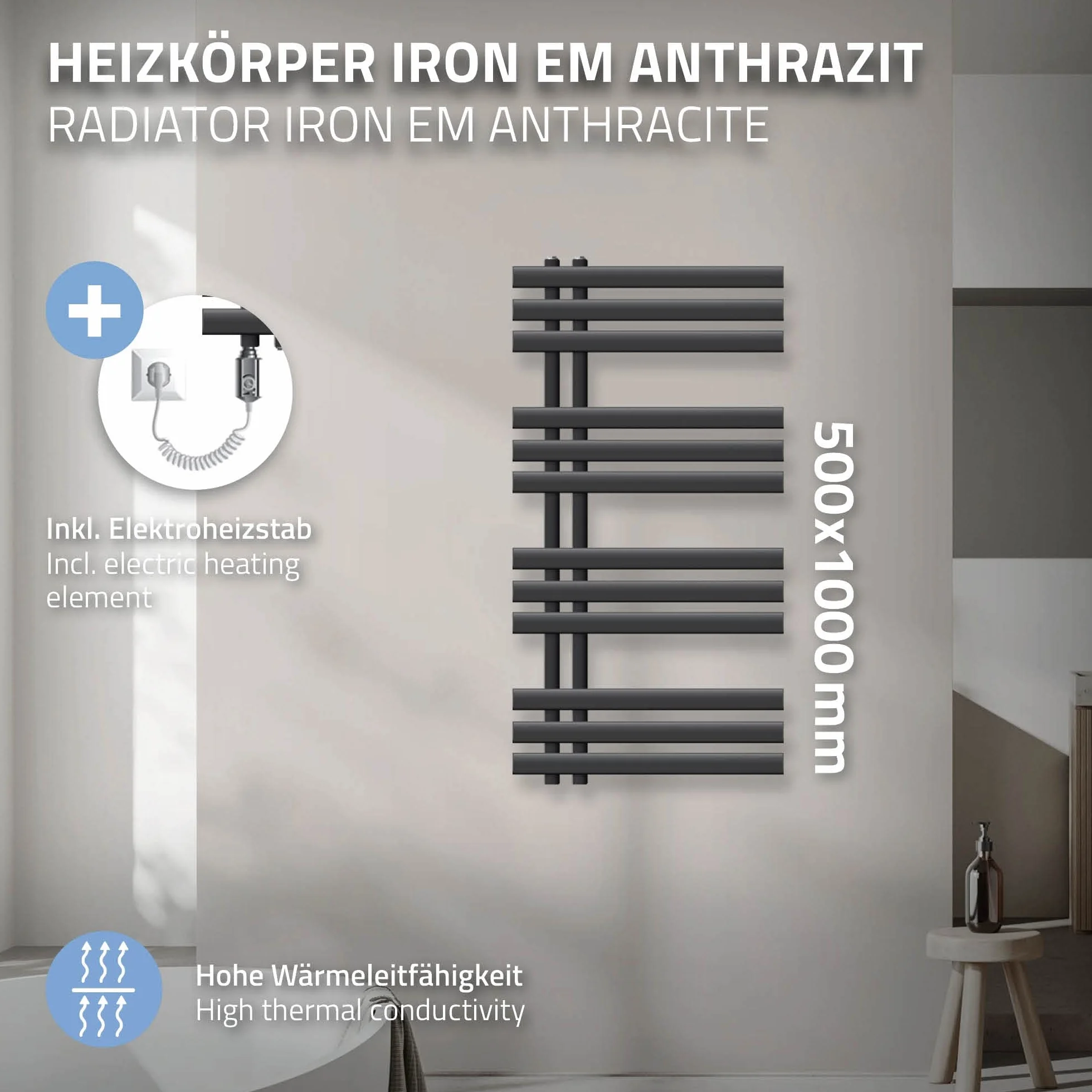 ECD Germany Iron EM Design Grzejnik łazienkowy elektryczny 500 x 1000 mm Antracyt z prętem grzewczym 300W Chrom Duża pojemność - Design Radiator Panel Radiator Towel Warmer Towel Dryer