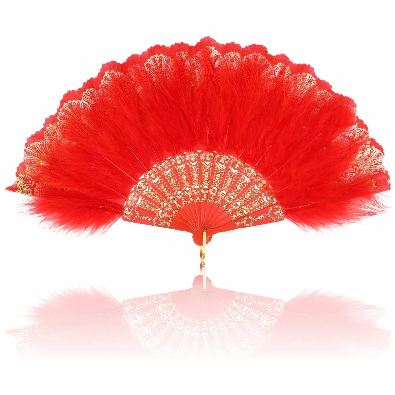 MWOOT Wentylator z piórami z lat 20, haftowany kwiat składany fan, marabou Folding Handheld Feather Fan, Vintage Fan Pióra na Halloween Taniec Show Tea Party Costume Dekoracja - Czerwony