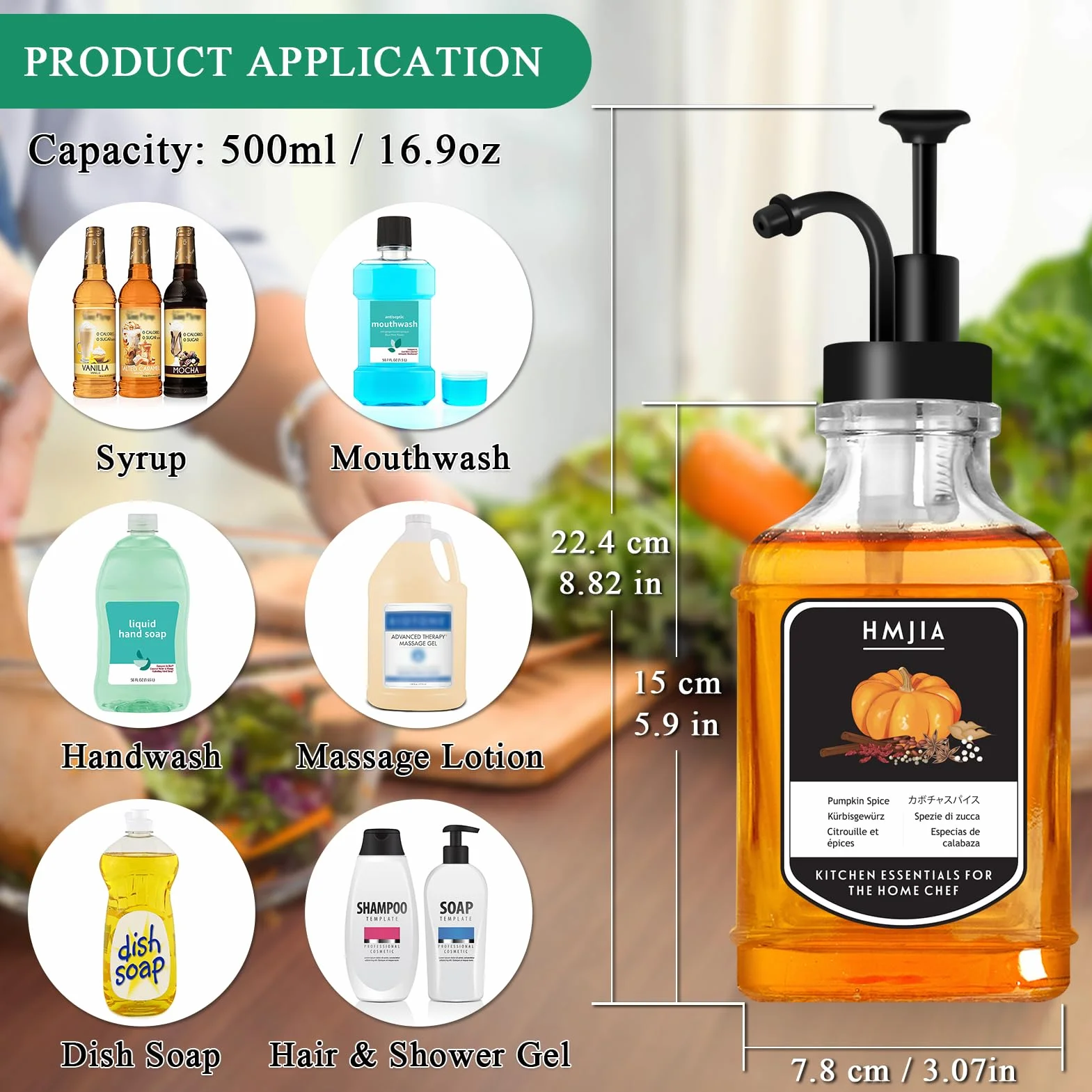 HMJIA Dozownik syropu kawowego do kawiarni, 500 ml, szklane butelki na syrop z 16 wodoodpornymi etykietami, pompa do syropu do restauracji, baru lub lodziarni (500 ml - 1 szt., czarny kwadrat)