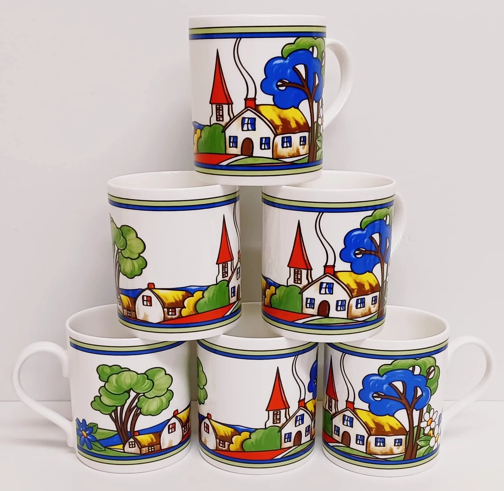Village Art Deco kubki, zestaw 6 dużych kubków Balmoral, 425 ml, wysokiej jakości porcelana kostna, ekskluzywne, wiejskie kubki do sceny, ręcznie dekorowane w Wielkiej Brytanii