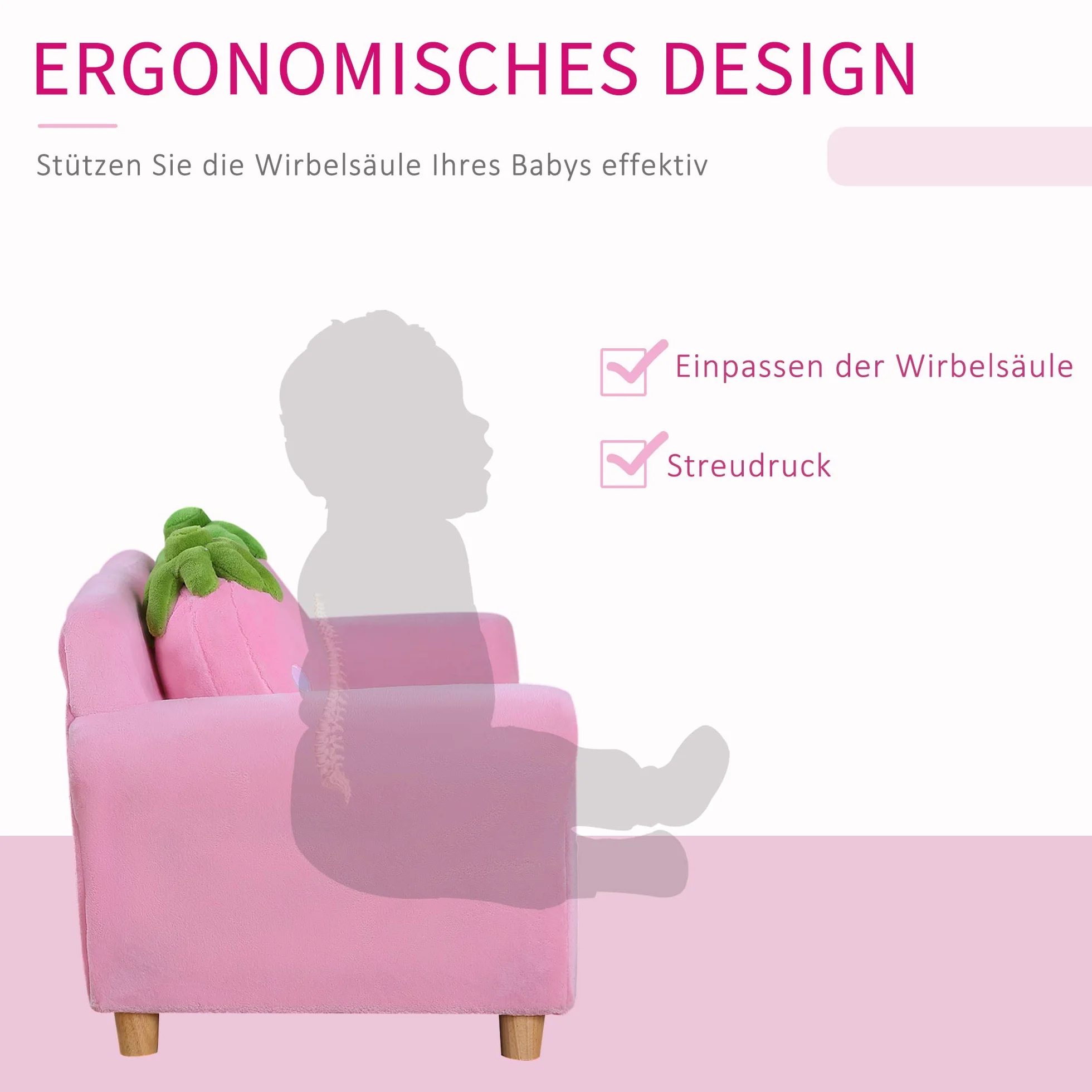 HOMCOM Sofa dziecięca, fotel dziecięcy, sofa, kanapa, krzesło do pokoju dziecięcego, miękka sofa, podwójna sofa pojedyncza (sofa truskawkowa)