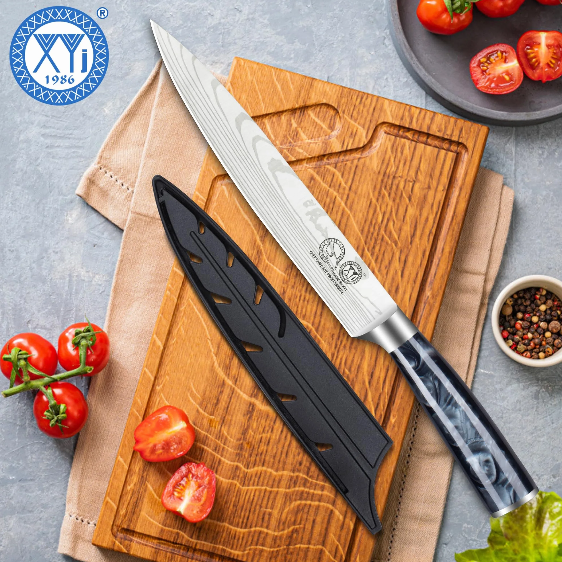 XYJ Professional Kitchen Knife,Stainless Steel 8 Inch Slicing Knife,Laser Damascus Pattern,Resin Handle,Kitchen Knife With Sleeve,Resin Handle,Japanese Chef Knife