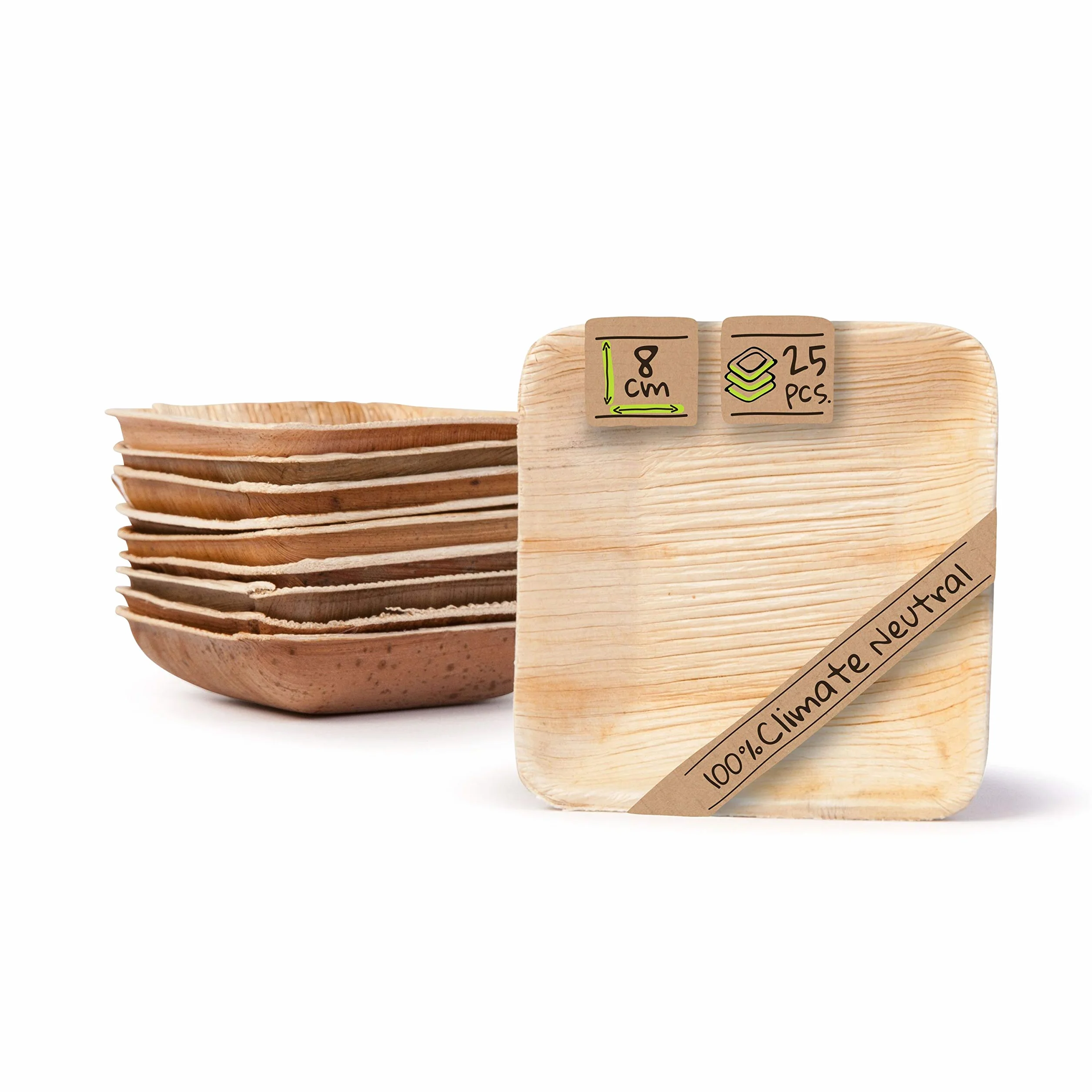 GREENBOX Palmware - zestaw miseczek na przekąski, 25 jednorazowych miseczek ekologicznych, kwadratowych, 80 ml, 8 x 8 cm, naczynia imprezowe, nadające się do kompostowania i biodegradowalne, liście