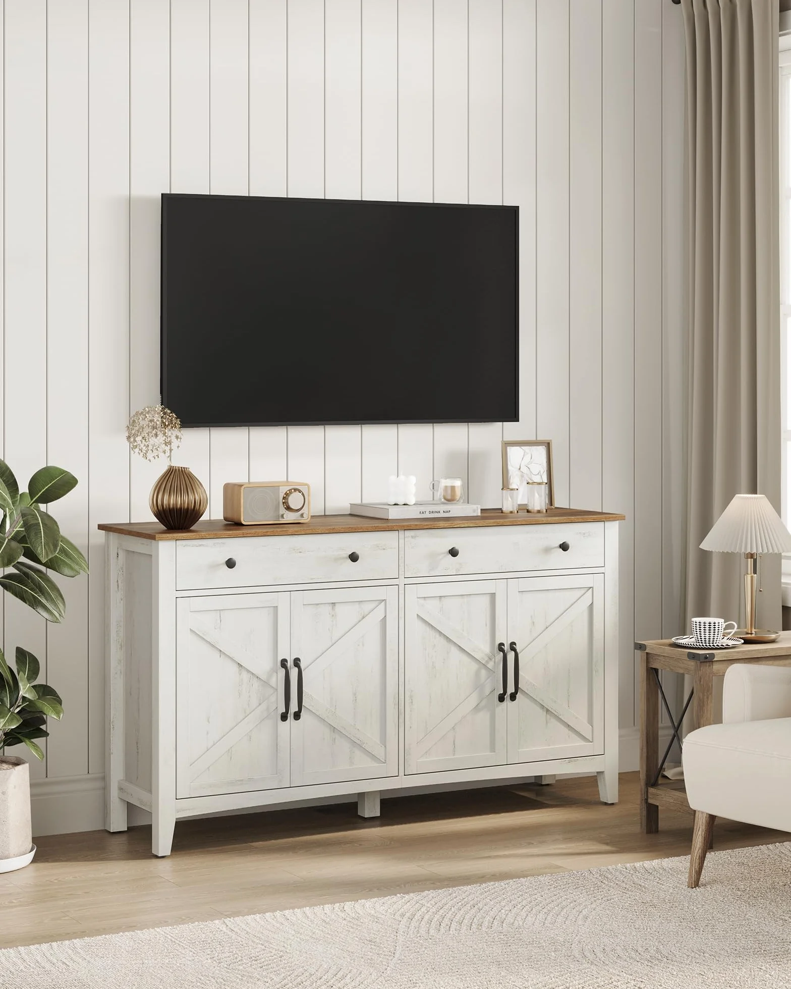VASAGLE Kredens szafka do przechowywania z szufladą 40 x 140 x 80 cm rustykalna biel i miodowy brąz BBK381W02