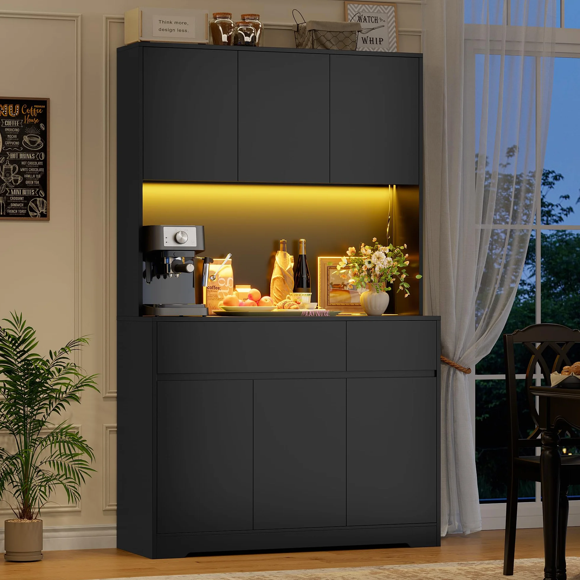 FirFurd Szafka kuchenna o wysokości 180 cm, szafka kuchenna z diodami LED, gniazdko elektryczne, regulowane półki, 2 szuflady, 6 drzwi, duży blat, 180 x 100 x 38,5 cm, czarna