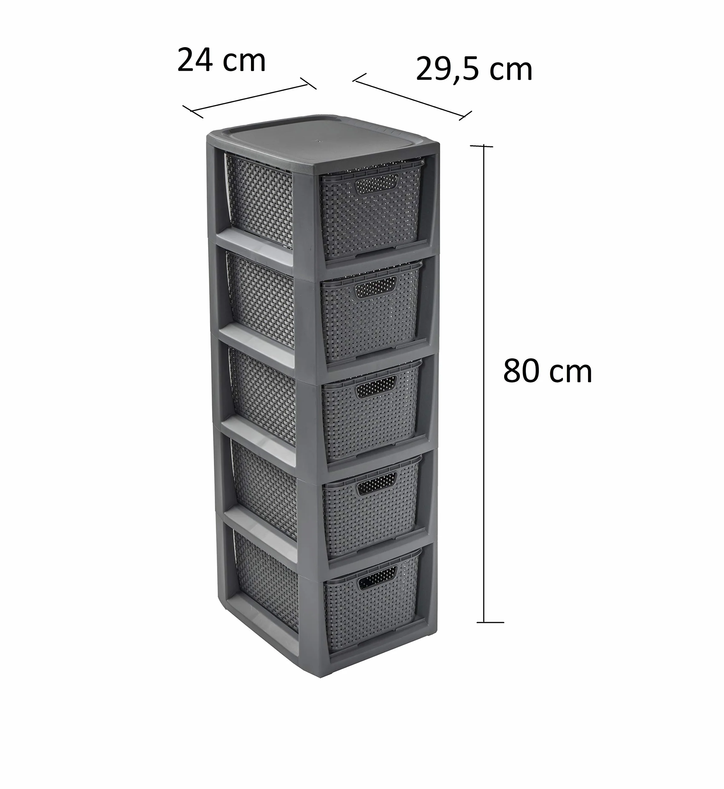 BranQ - Home essential Regał rattanowy, tworzywo sztuczne PP bez BPA, antracytowy, 29,5 x 24 x 80 cm, 5 koszy