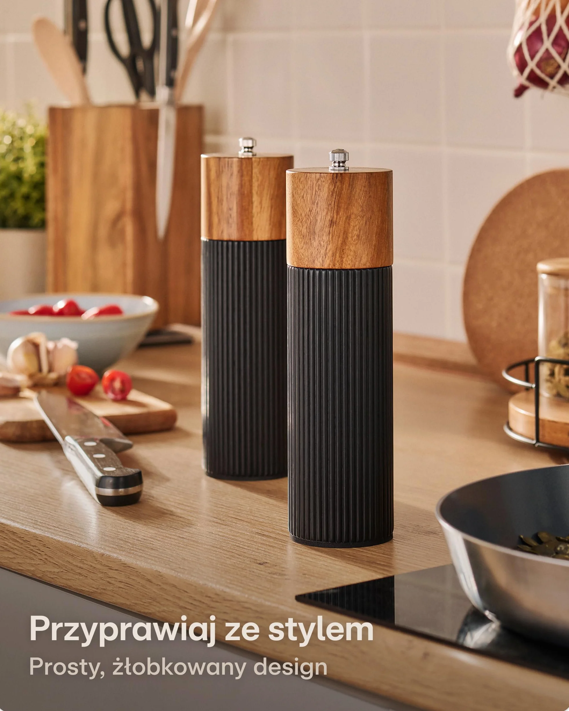 Praknu Zestaw Młynków Do Soli I Pieprzu Z Drewna Akacjowego FSC® – Elegancki Design Z Ceramicznym Mechanizmem – Płynna Regulacja I Trwałość – Czarny – Duży