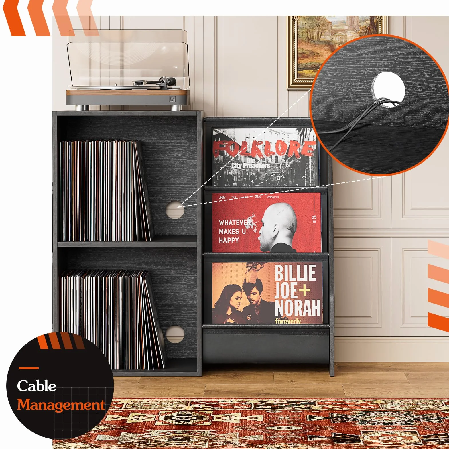 Bikoney Stojak na Gramofon z Półką na Winyle – Szafka Pod Gramofon z Miejscem na 300 Płyt, Konsola Multimedialna z Półką na CD do Winyli, Stereo i Gramofonów (Vintage Czarny)