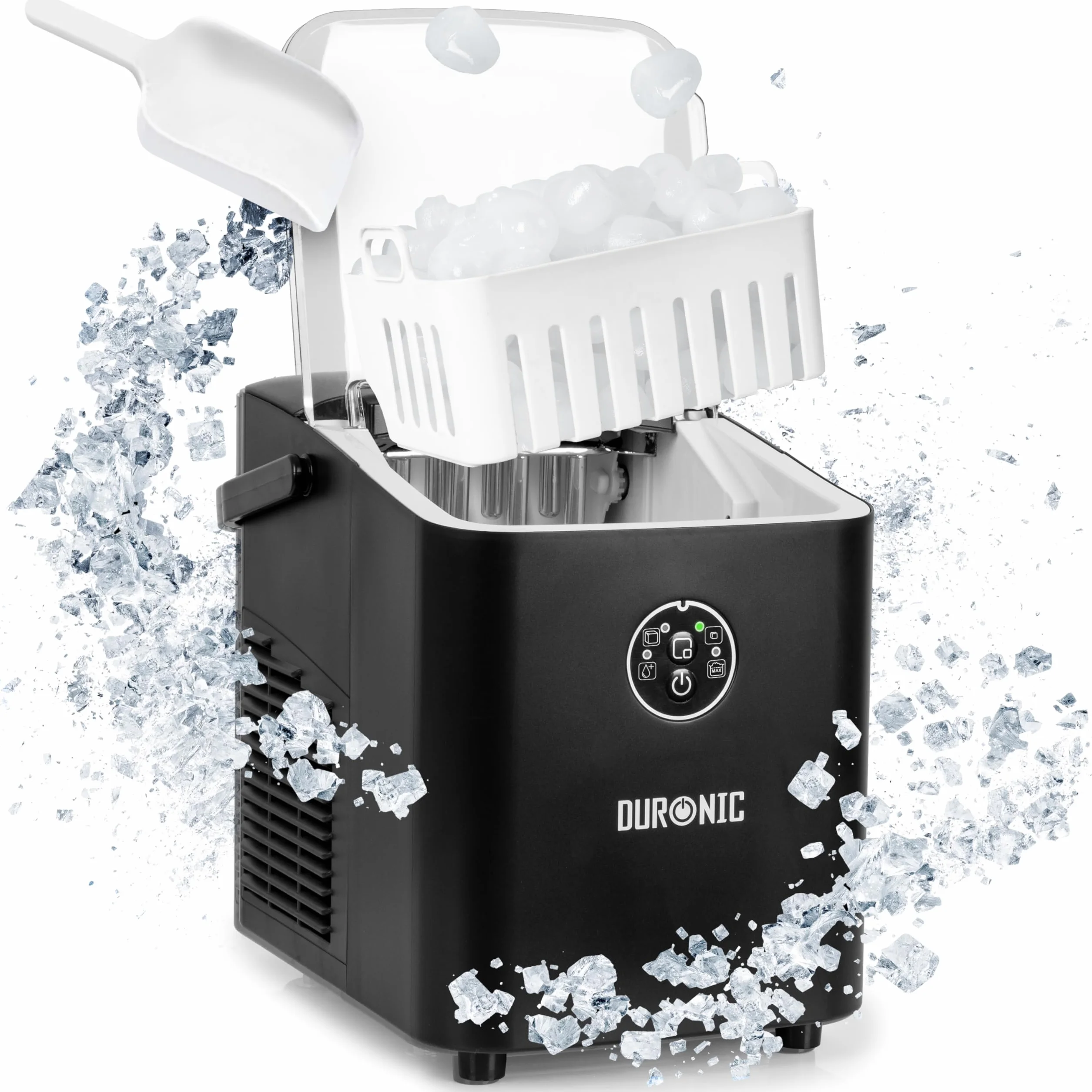 Duronic ICM12 BK Kostkarka do lodu elektryczna 120W | 8 kostek w 6 do 8 minut | Kosz o pojemności 1 litra i szpatułka | Zbiornik 1 litr | Lód do zimnych napojów i koktajli | przezroczysta pokrywka