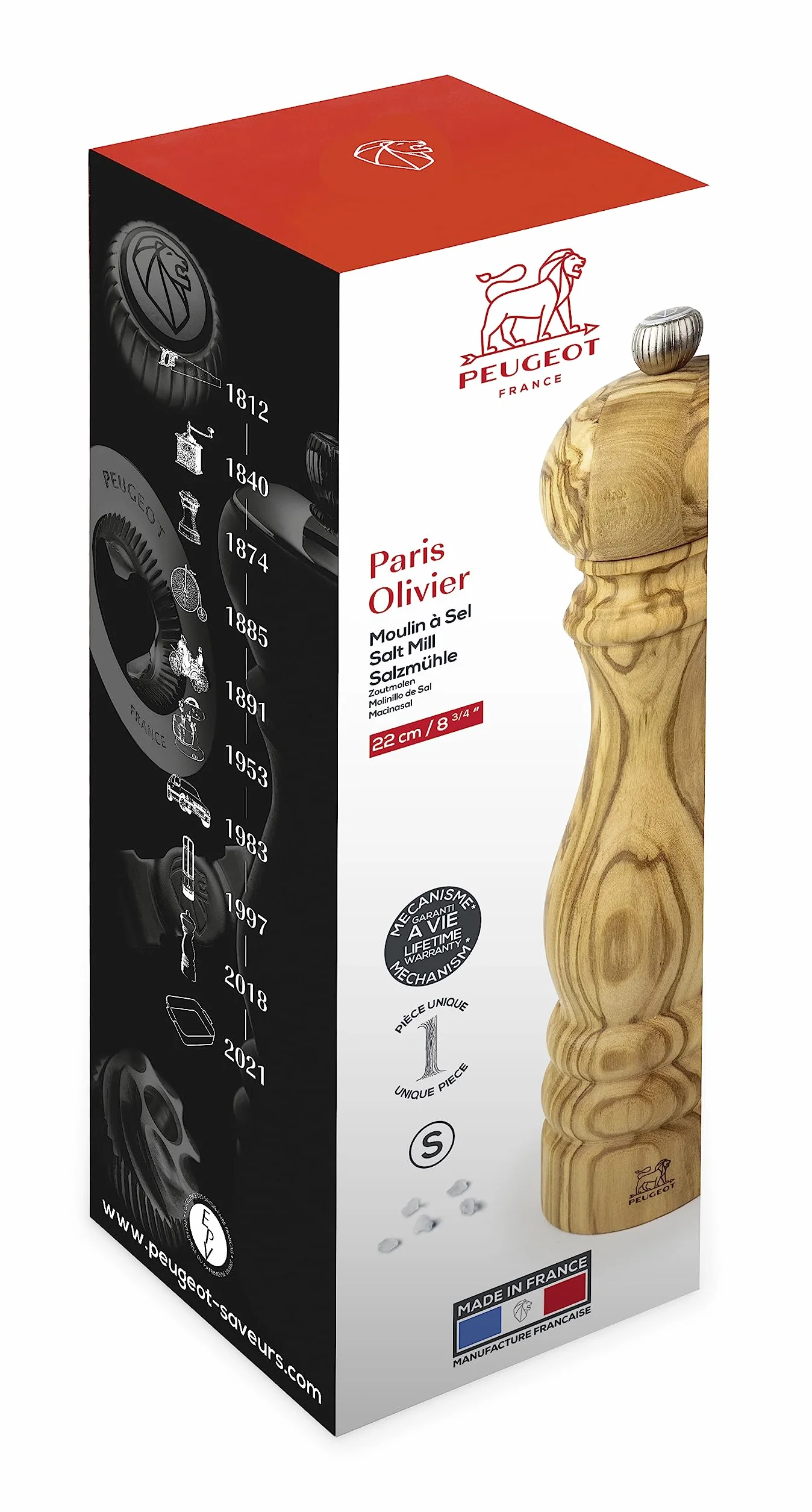 PEUGEOT Paryski młynek do soli, 22 cm, klasyczny system mielenia, wykonany z drewna certyfikowanego PEFC, dożywotni mechanizm, wyprodukowano we Francji, drewno oliwkowe