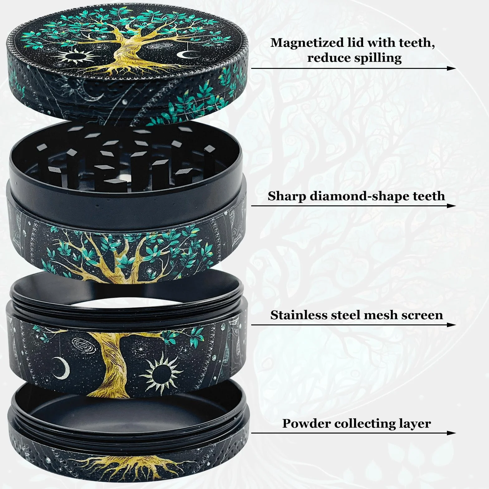 Grinder Crusher, młynek do ziół, młynek do przypraw, metalowy młynek do ziół, przypraw, pyłków, kawy, 4 warstwy, metalowy młynek ze skrobakiem 50 mm, prezent dla przyjaciela, wyjątkowe okazje
