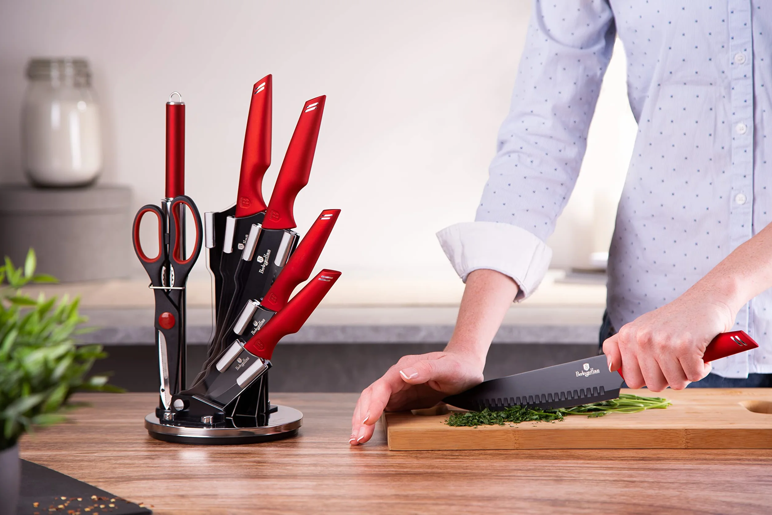 Berlinger Haus Kitchen Knife Set with Block, 8 Piece Knives Set for Kitchen, Elegant Cooking Knives with Kitchen Shears and Sharpener, Sharp Cutting Stainless Steel Chef Knife Set with Acrylic Stand