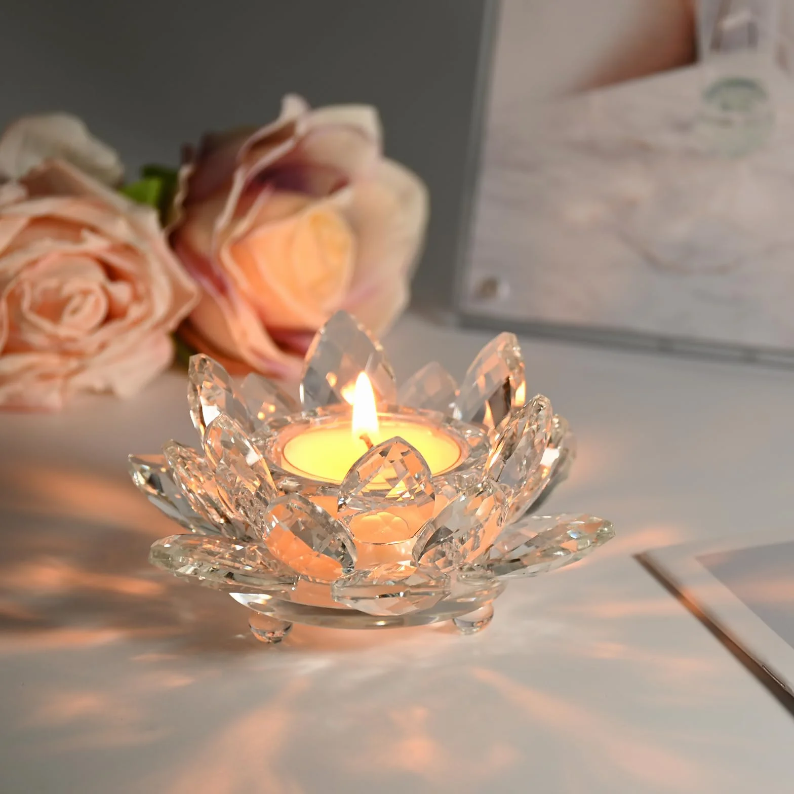 Kryształowy Świecznik na Tealighty, Świecznik w Kształcie Kwiatu Lotosu na Świeczki Tealight do Dekoracji Świątecznych, na Wesela i Przyjęcia w Domu (2)